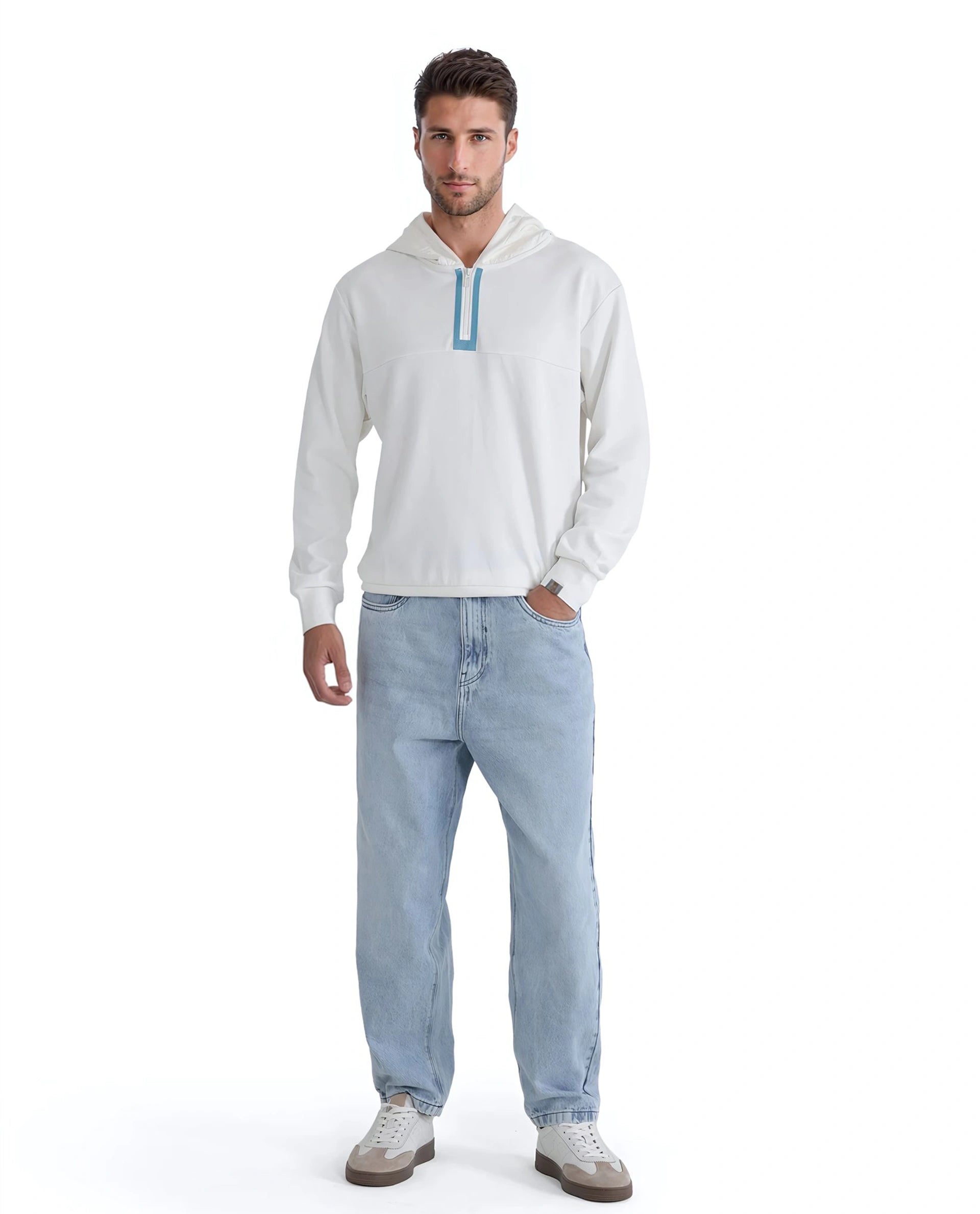 Rare Rabbit Men Melt Off White Cotton Poly Fabric Full Sleeve Hooded Plain Sweatshirt