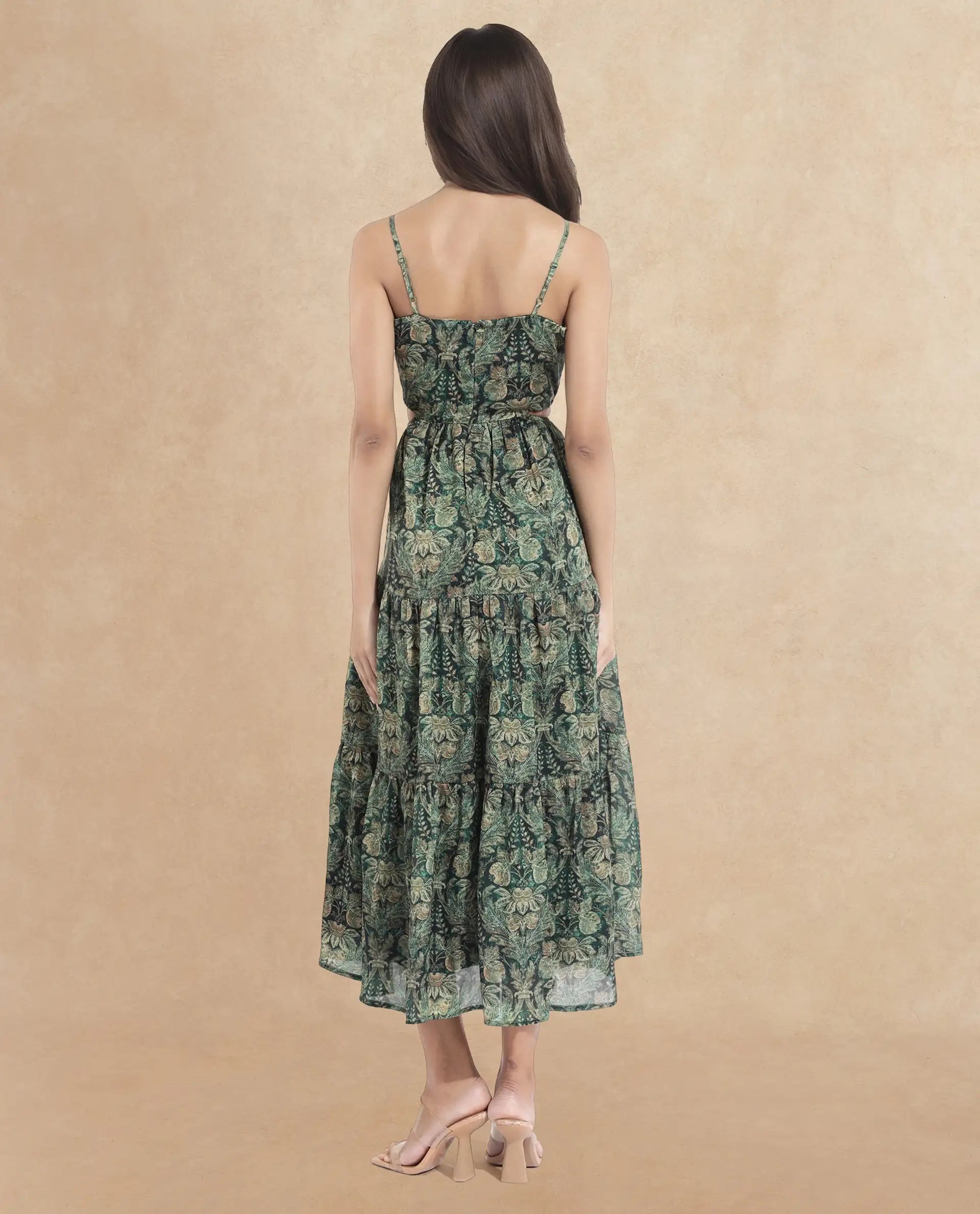 Rareism Women's Melvin Dark Green Polyester Shoulder Strap Floral Print Shoulder Strap Maxi Fit And Flare Dress