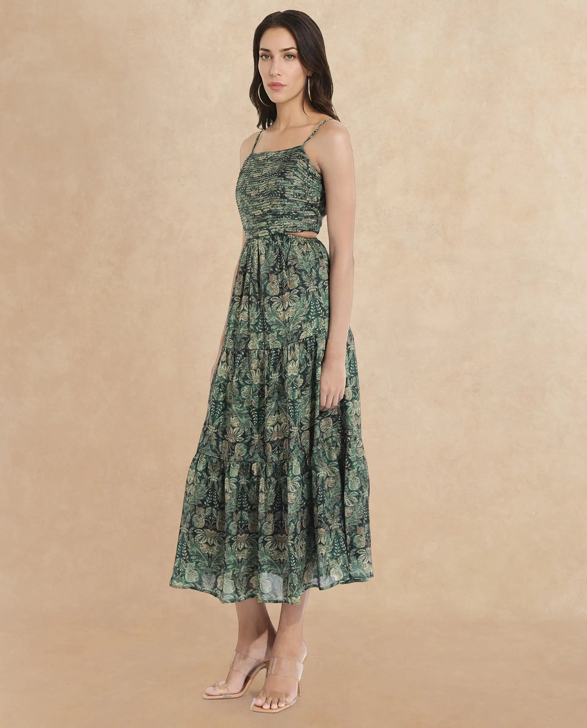 Rareism Women's Melvin Dark Green Polyester Shoulder Strap Floral Print Shoulder Strap Maxi Fit And Flare Dress
