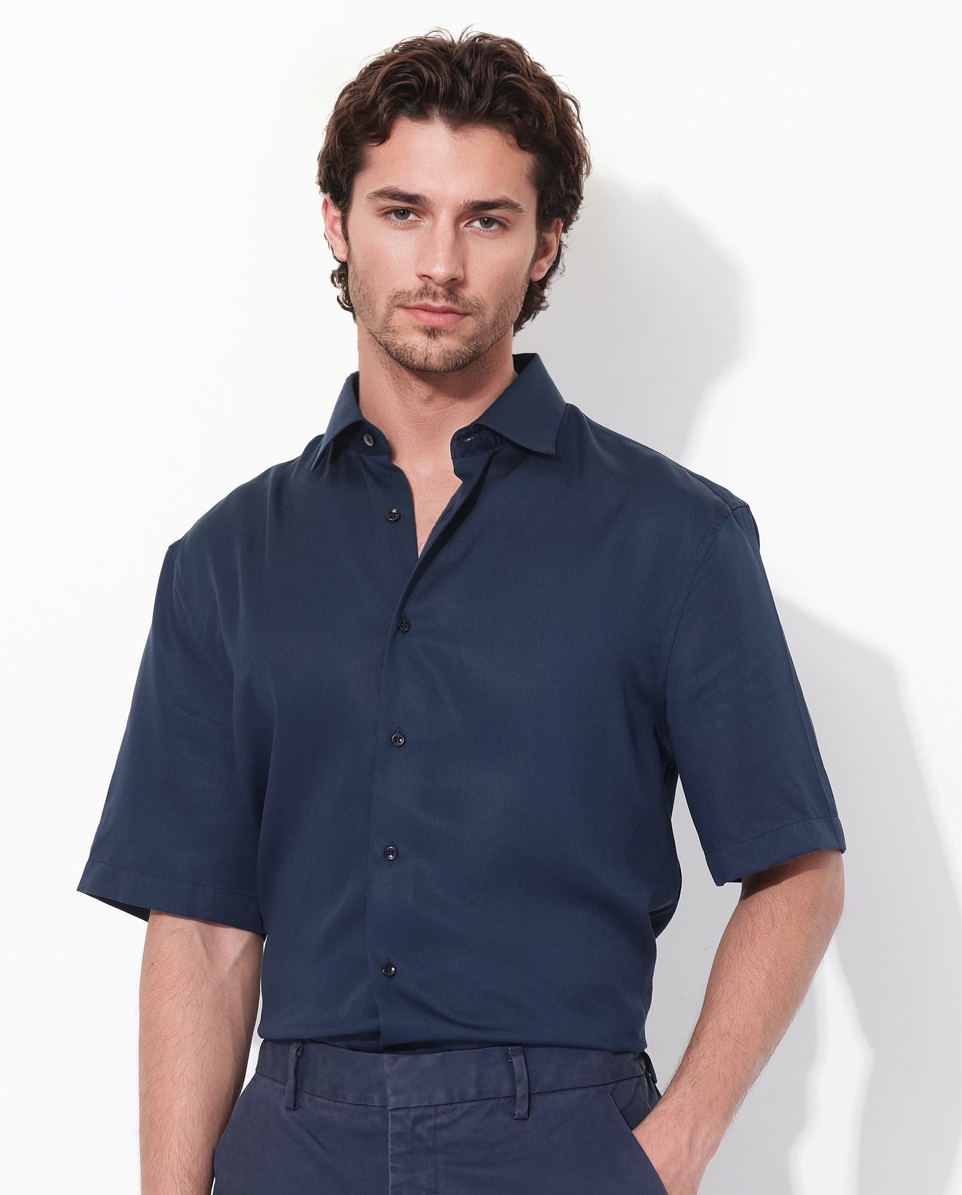 Rare Rabbit Mens Memo SS Navy Tencel Fabric Short Sleeve Boxy Fit Solid Twill Shirt