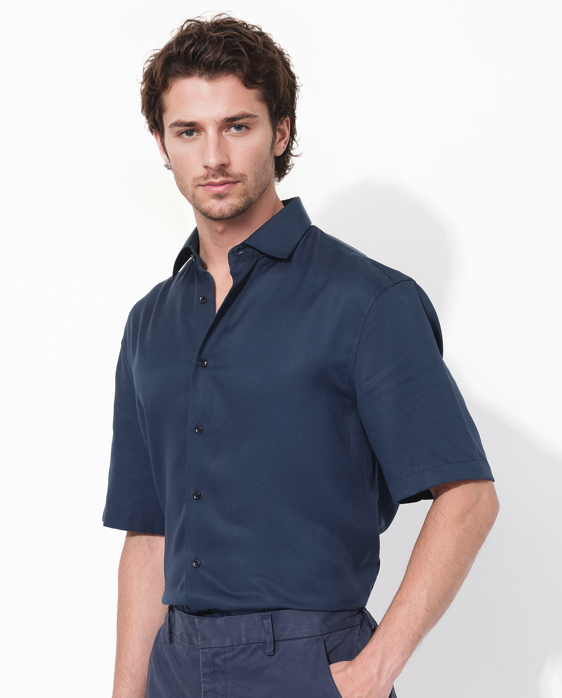 Rare Rabbit Mens Memo SS Navy Tencel Fabric Short Sleeve Boxy Fit Solid Twill Shirt