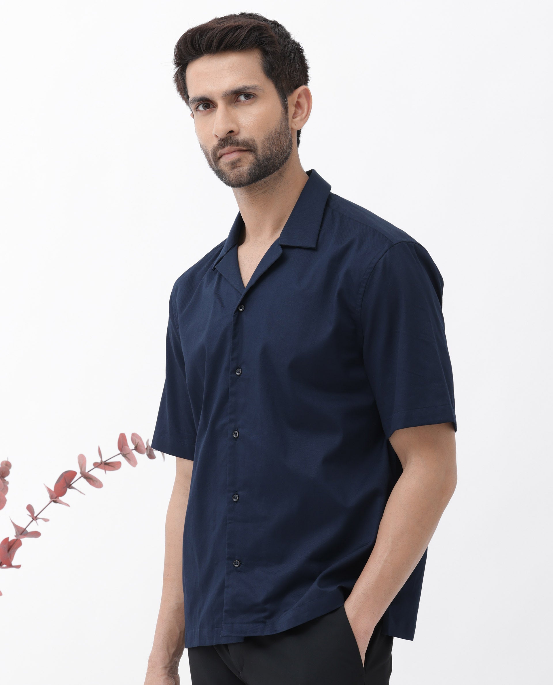 Rare Rabbit Men's Memop SS Navy Tencel Fabric Half Sleeves Cuban Collar Boxy Fit Solid Twill Shirt