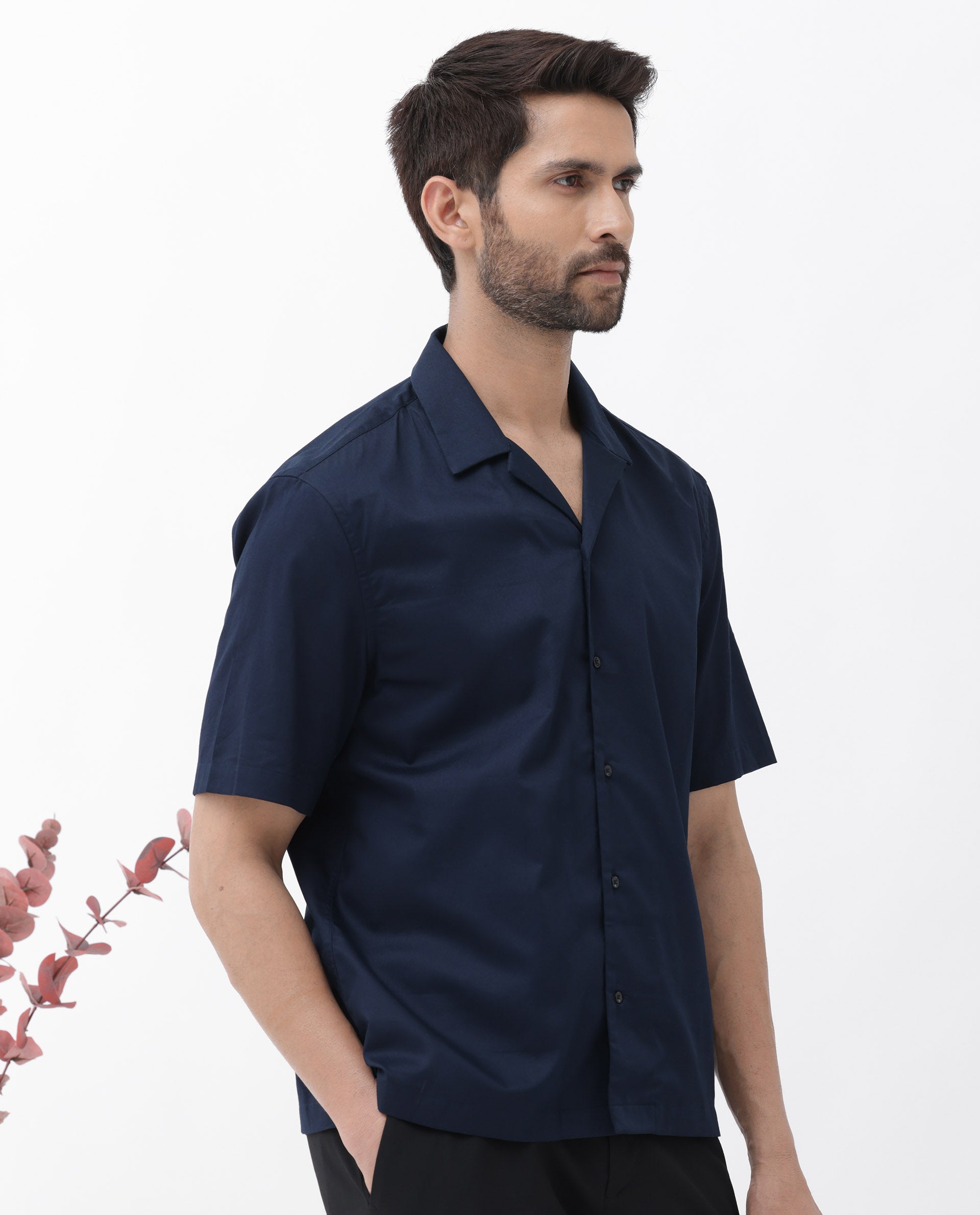 Rare Rabbit Men's Memop SS Navy Tencel Fabric Half Sleeves Cuban Collar Boxy Fit Solid Twill Shirt