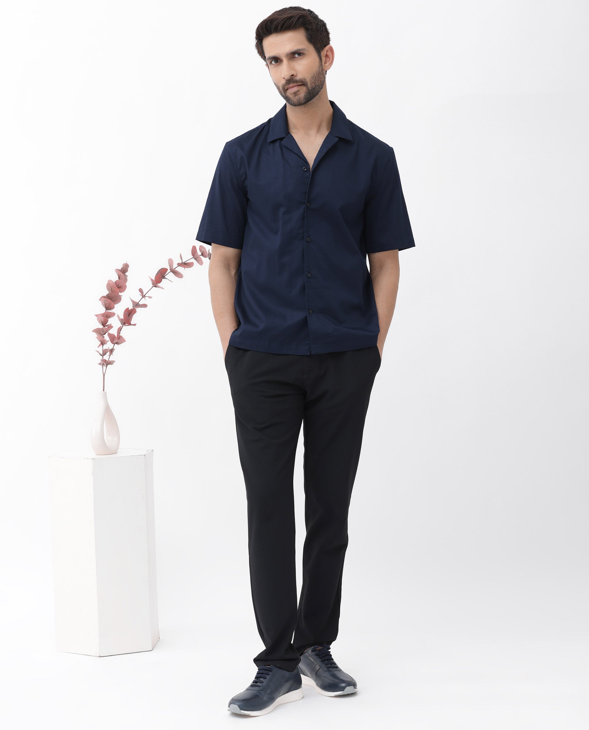 Rare Rabbit Men's Memop SS Navy Tencel Fabric Half Sleeves Cuban Collar Boxy Fit Solid Twill Shirt