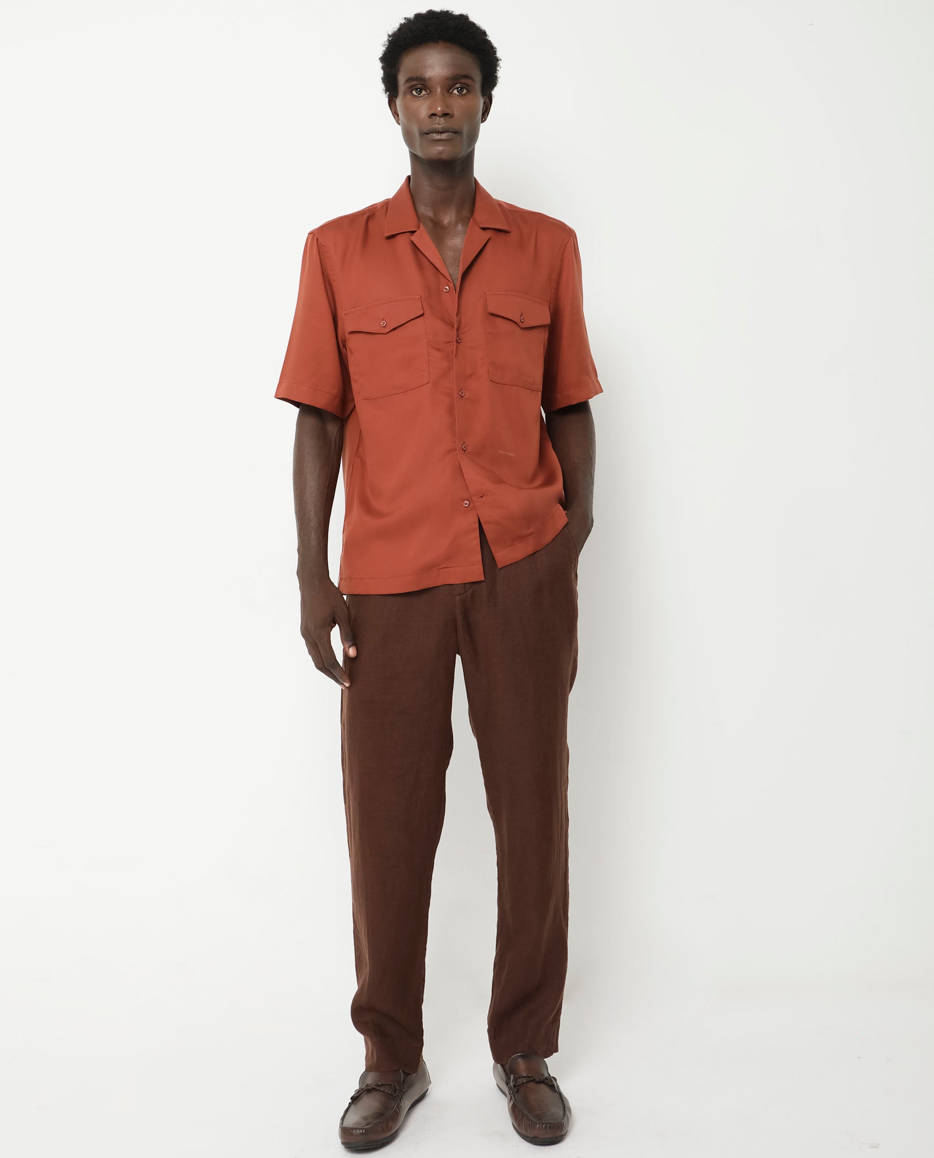 Rare Rabbit Men's Memop SS Rust Tencel Fabric Half Sleeves Cuban Collar Boxy Fit Solid Twill Shirt