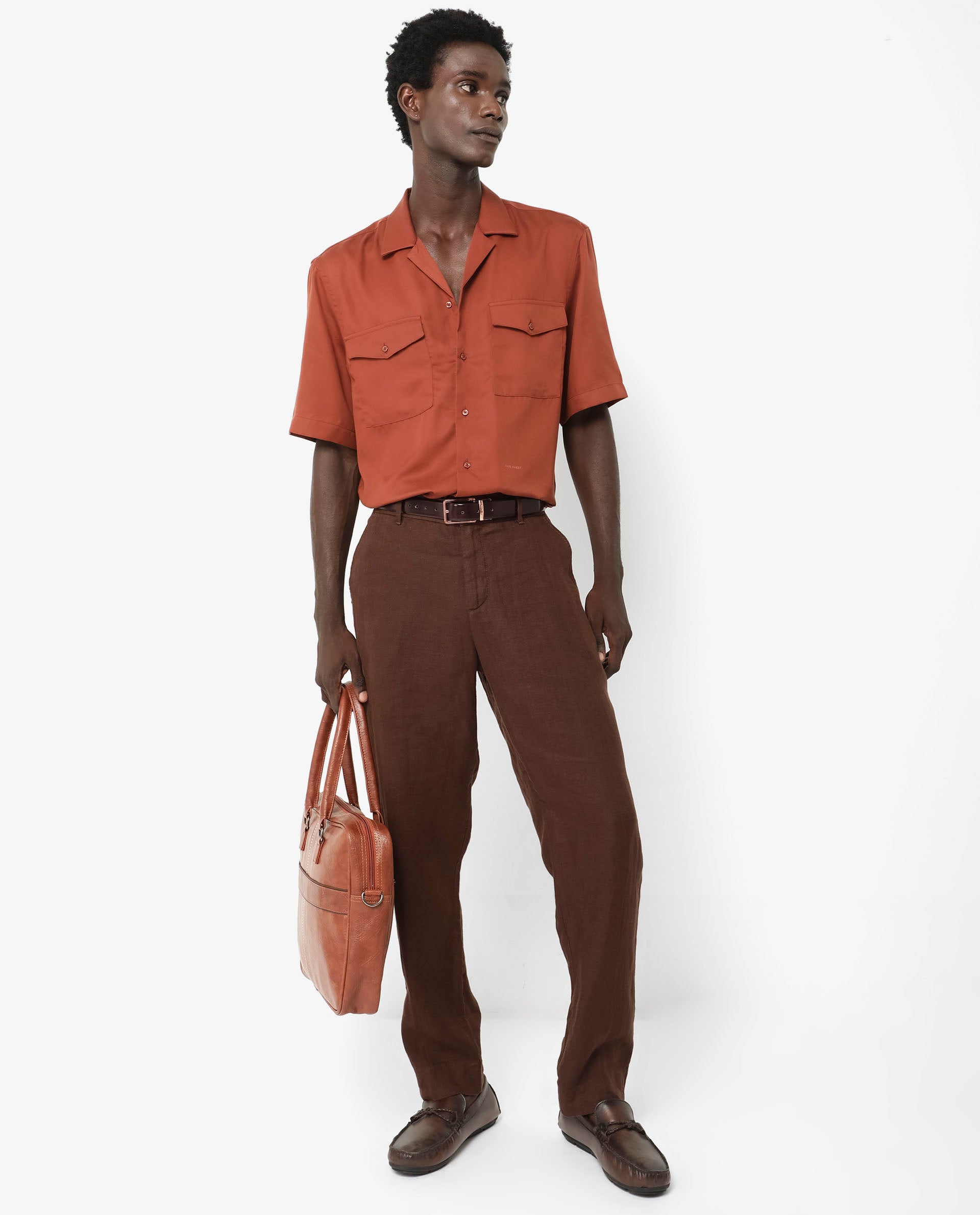 Rare Rabbit Men's Memop SS Rust Tencel Fabric Half Sleeves Cuban Collar Boxy Fit Solid Twill Shirt