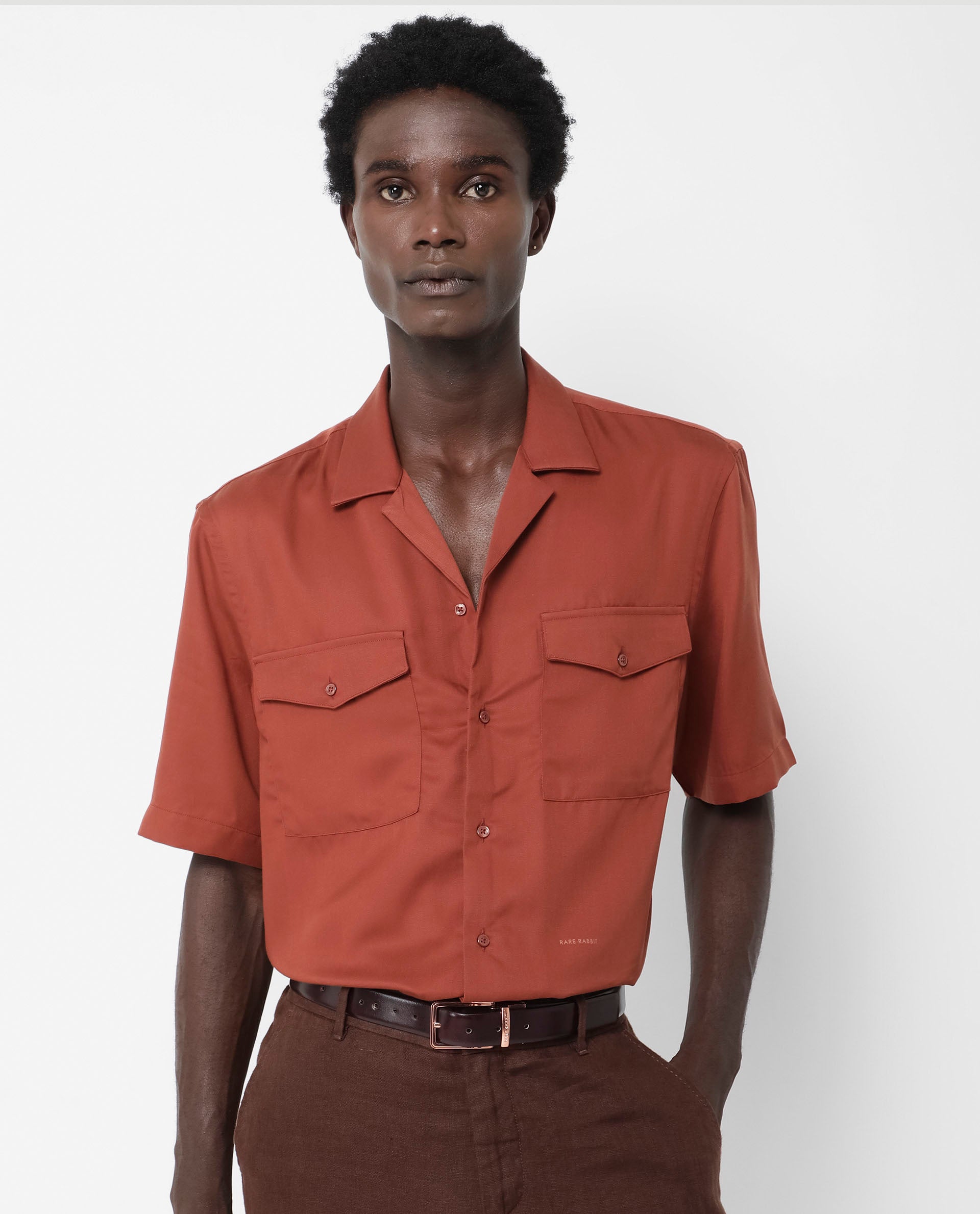 Rare Rabbit Men's Memop SS Rust Tencel Fabric Half Sleeves Cuban Collar Boxy Fit Solid Twill Shirt