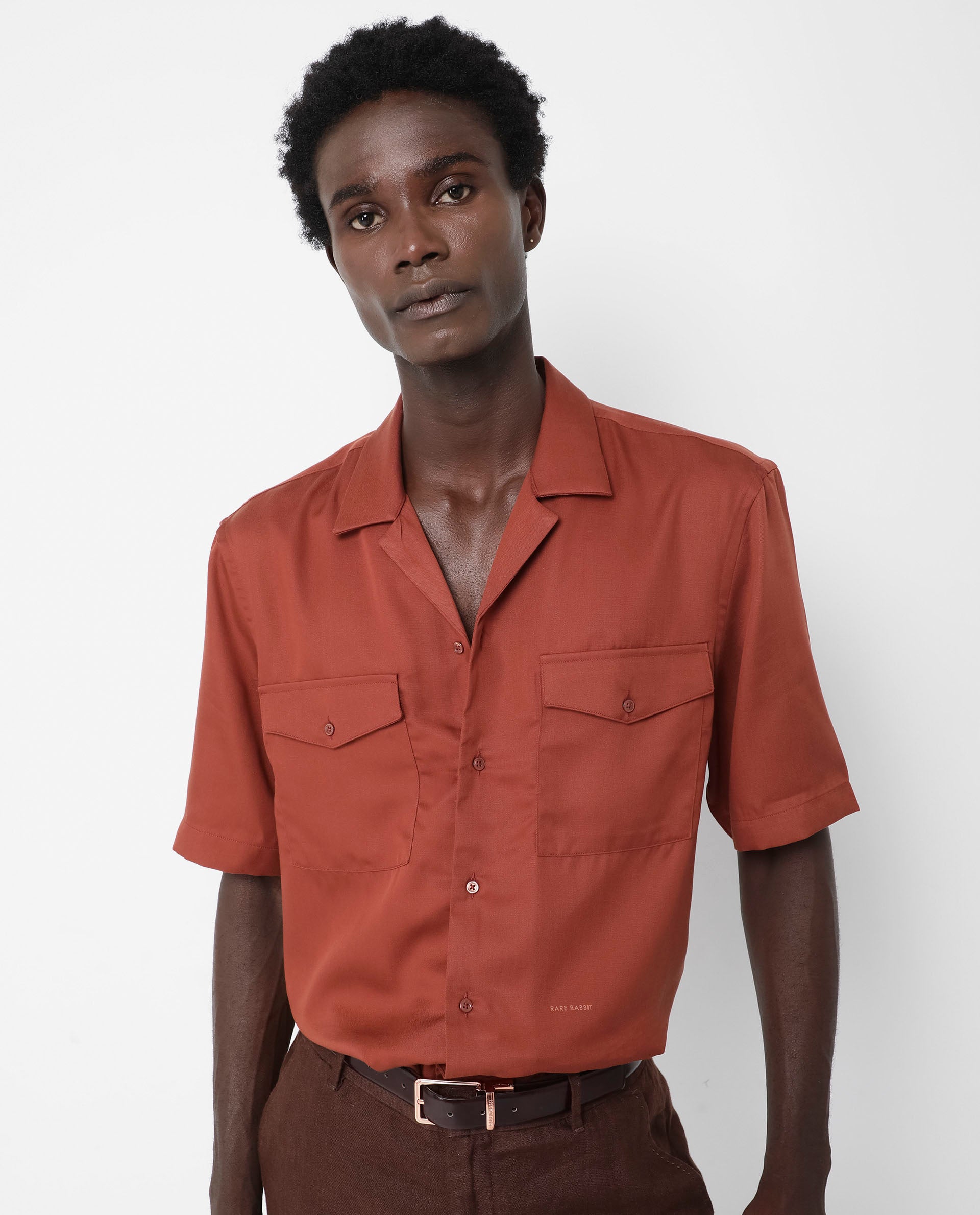 Rare Rabbit Men's Memop SS Rust Tencel Fabric Half Sleeves Cuban Collar Boxy Fit Solid Twill Shirt