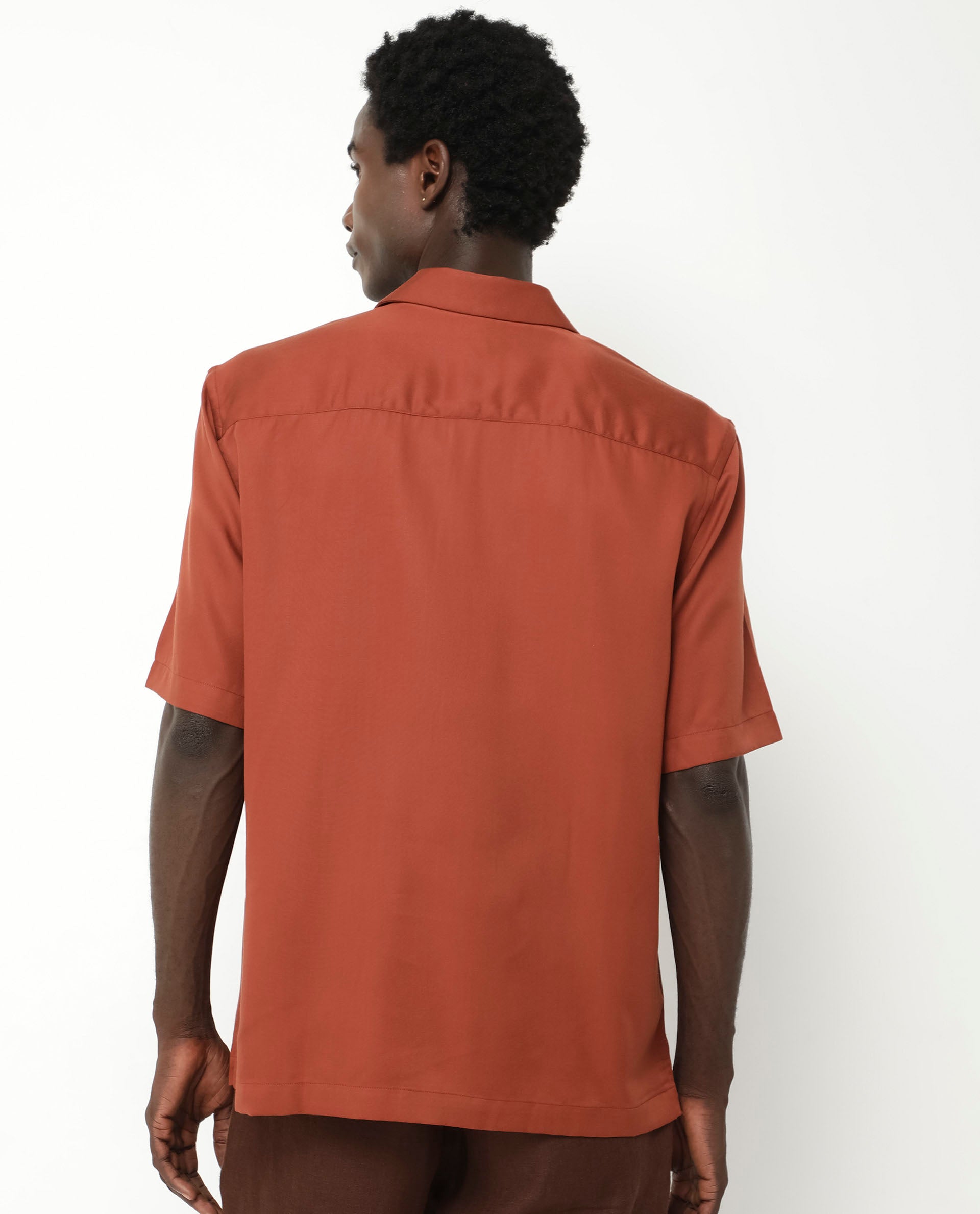 Rare Rabbit Men's Memop SS Rust Tencel Fabric Half Sleeves Cuban Collar Boxy Fit Solid Twill Shirt