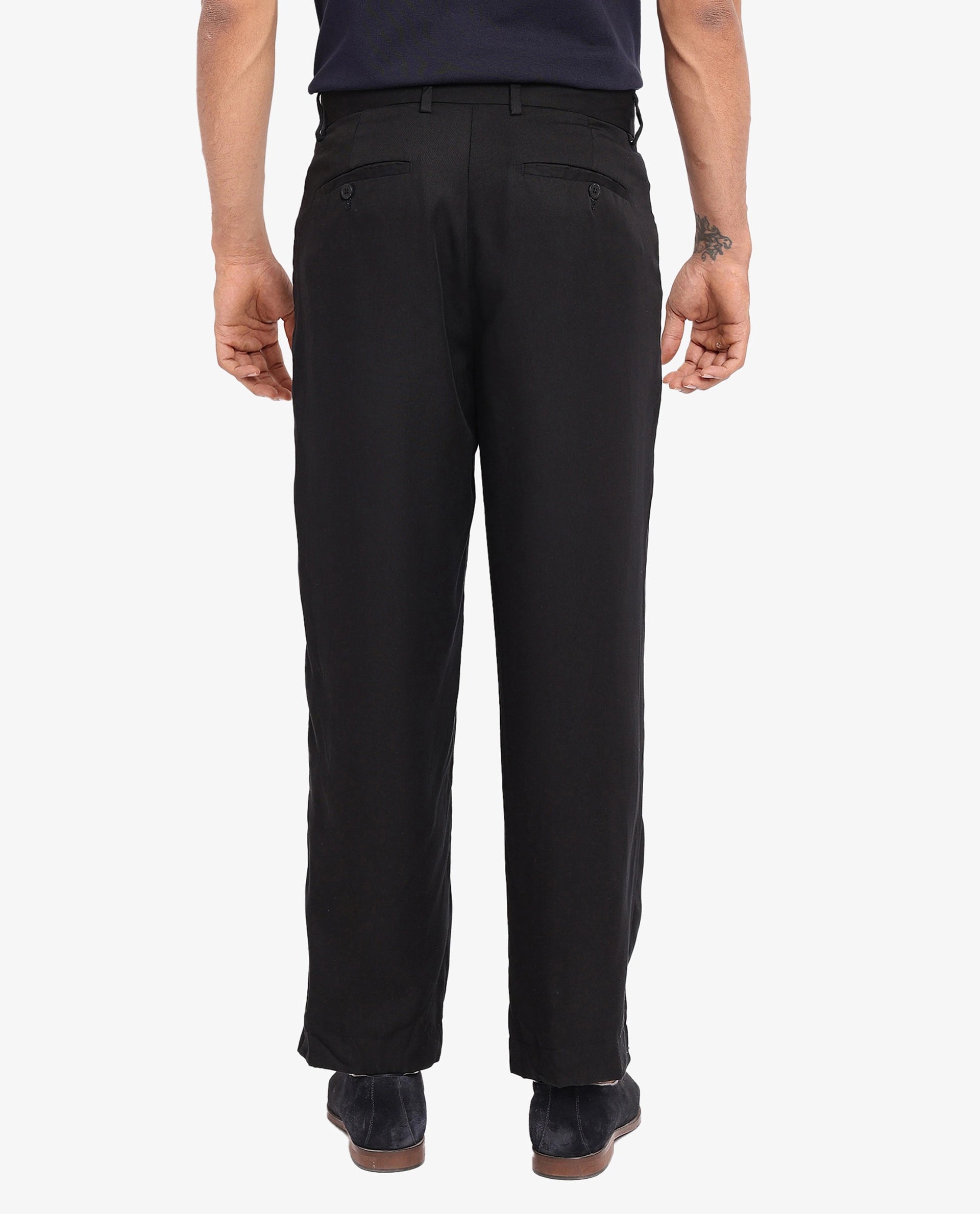 Rare Rabbit Mens Memos Black Tencel Fabric Solid Regular Fit Tencel Fabric Trouser