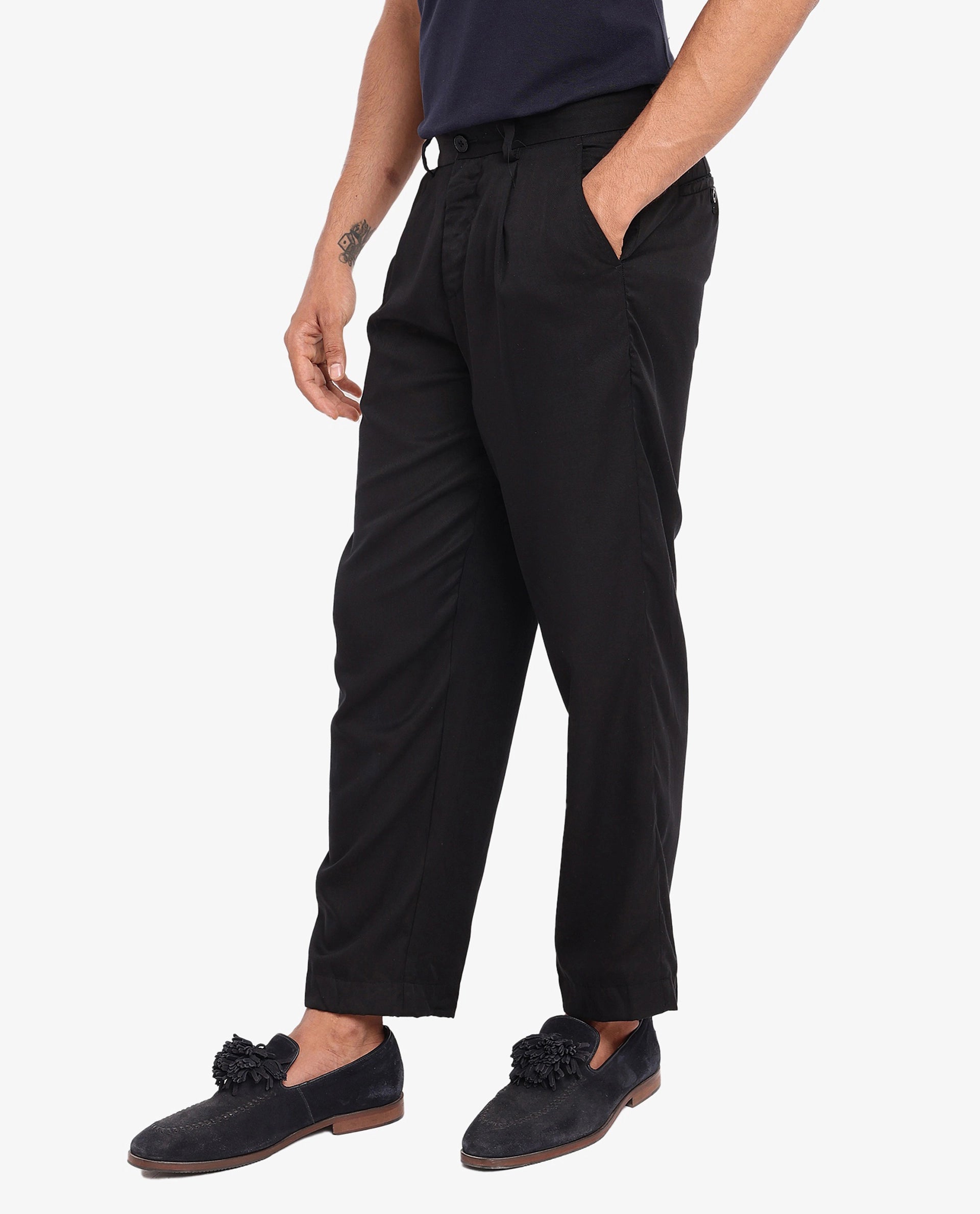 Rare Rabbit Mens Memos Black Tencel Fabric Solid Regular Fit Tencel Fabric Trouser