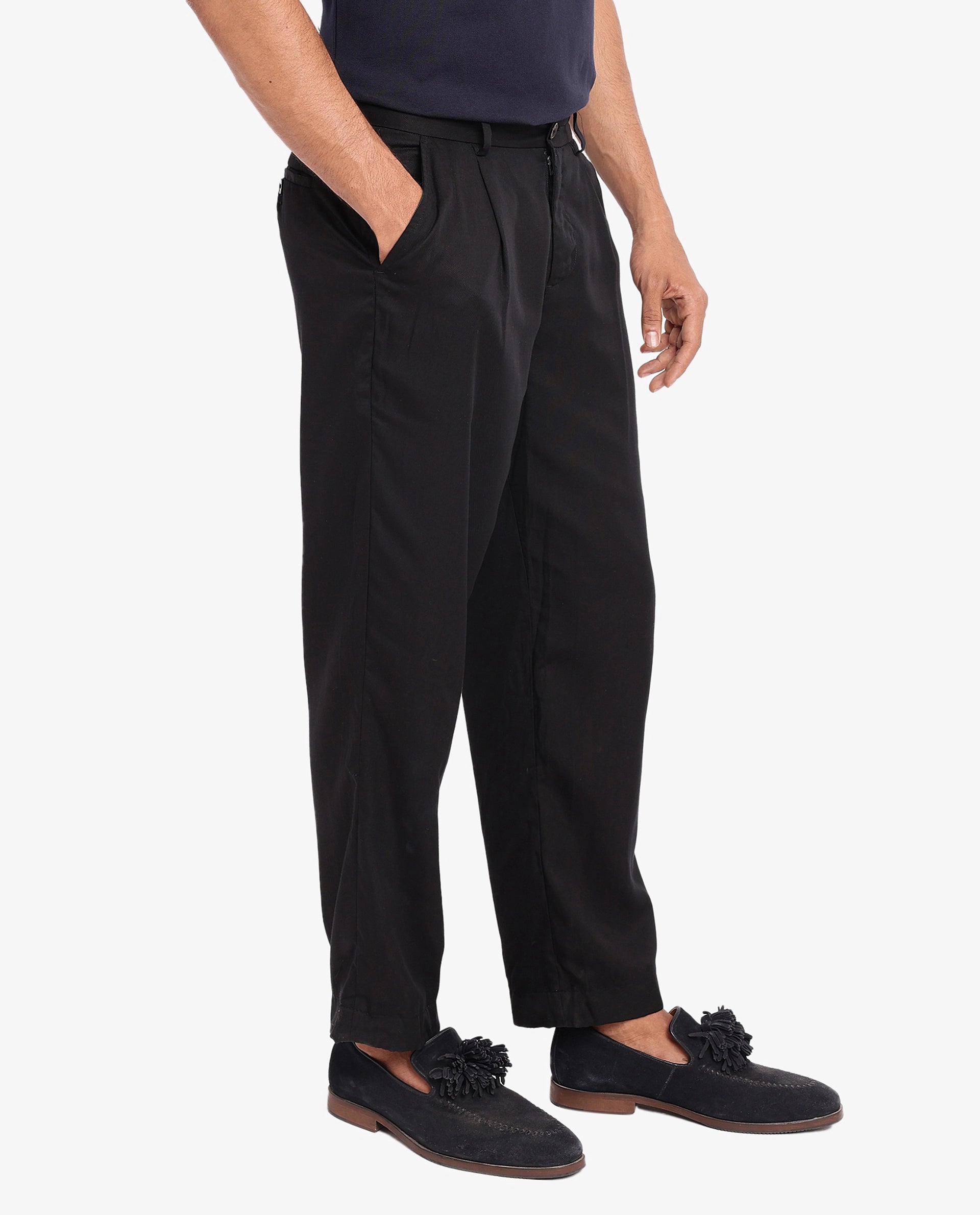 Rare Rabbit Mens Memos Black Tencel Fabric Solid Regular Fit Tencel Fabric Trouser