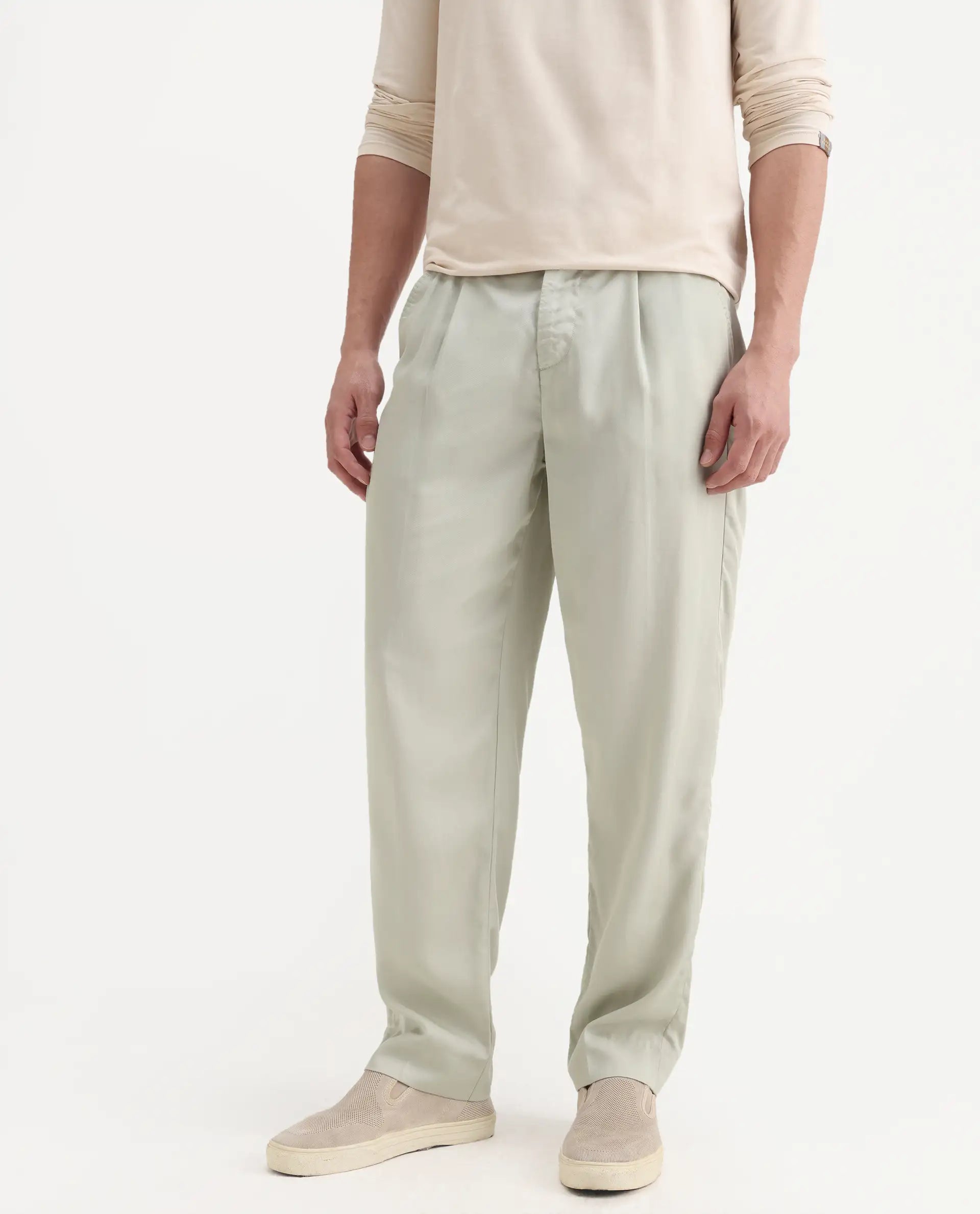 Rare Rabbit Men's Memos Light Green Tencel Plain Regular Fit Trouser