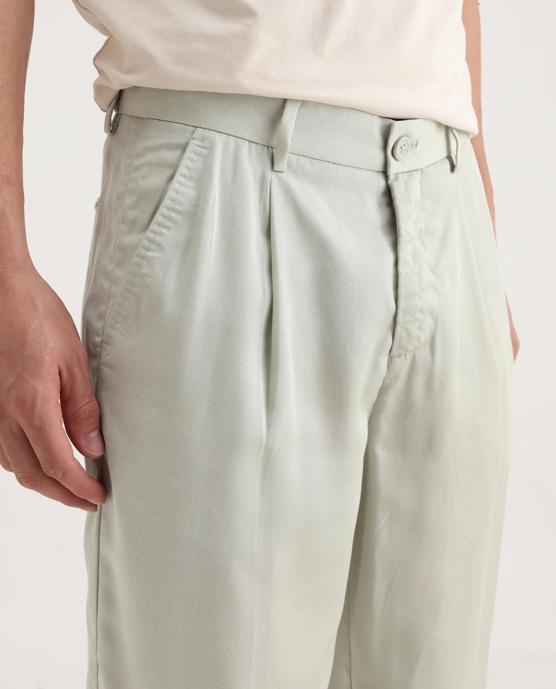 Rare Rabbit Men's Memos Light Green Tencel Plain Regular Fit Trouser