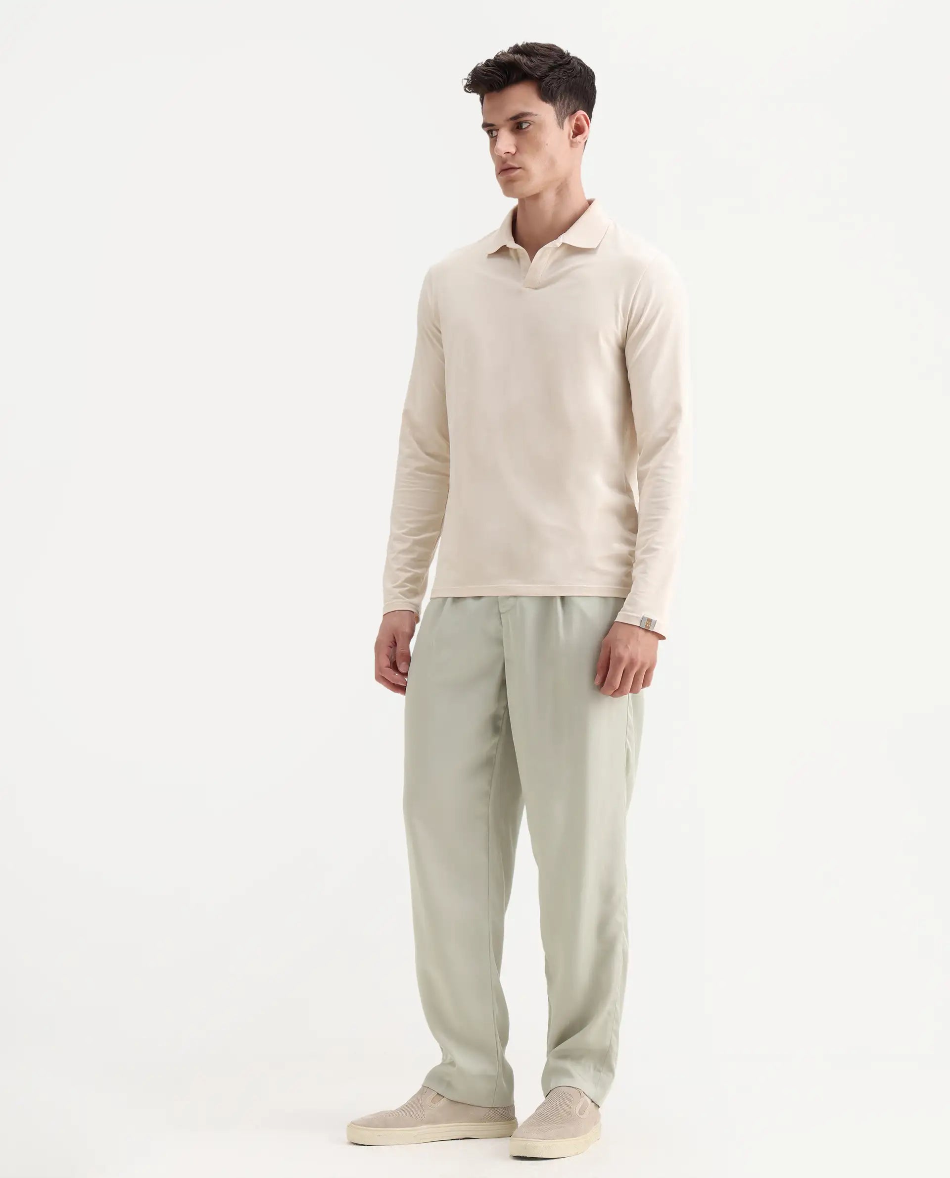 Rare Rabbit Men's Memos Light Green Tencel Plain Regular Fit Trouser