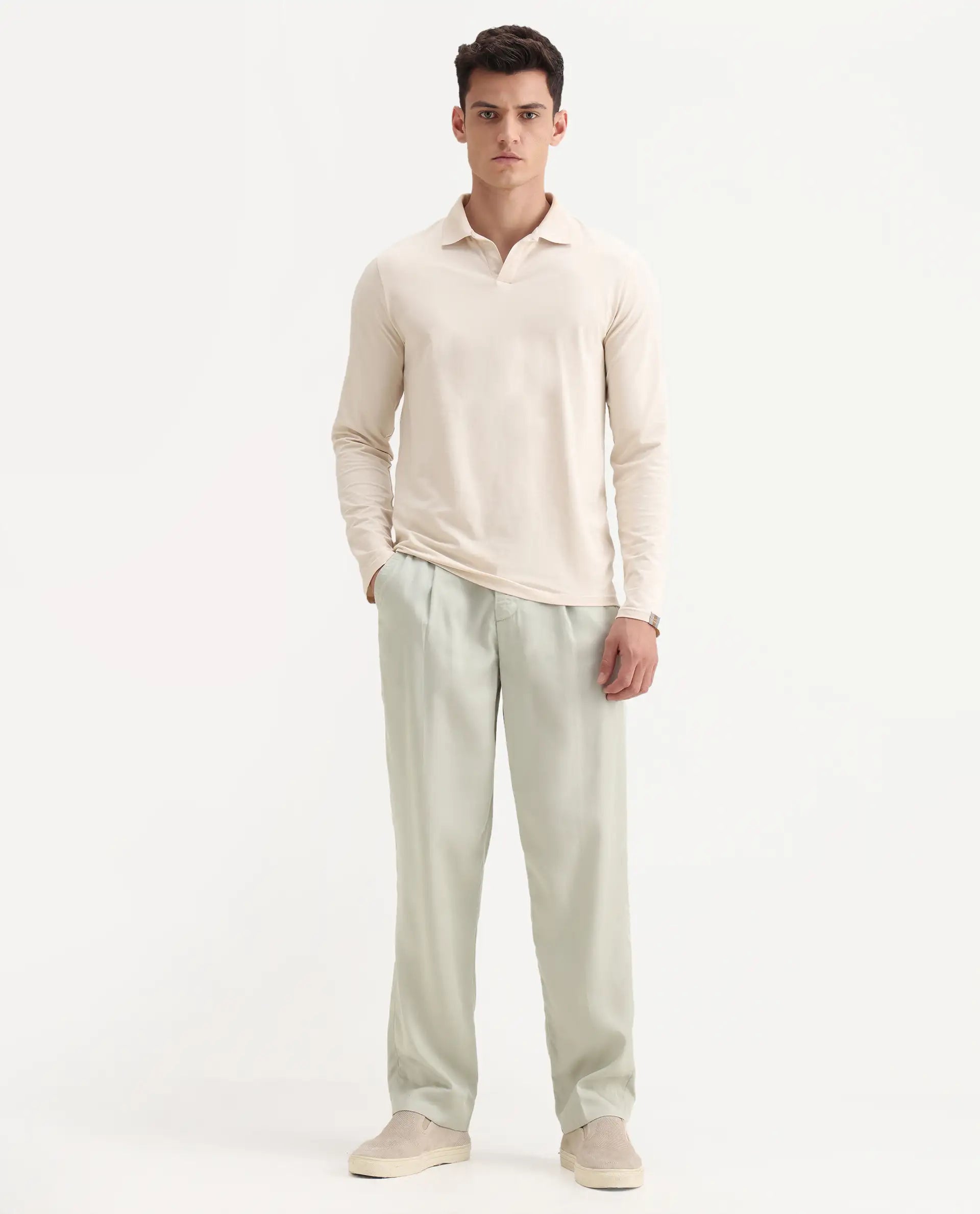 Rare Rabbit Men's Memos Light Green Tencel Plain Regular Fit Trouser