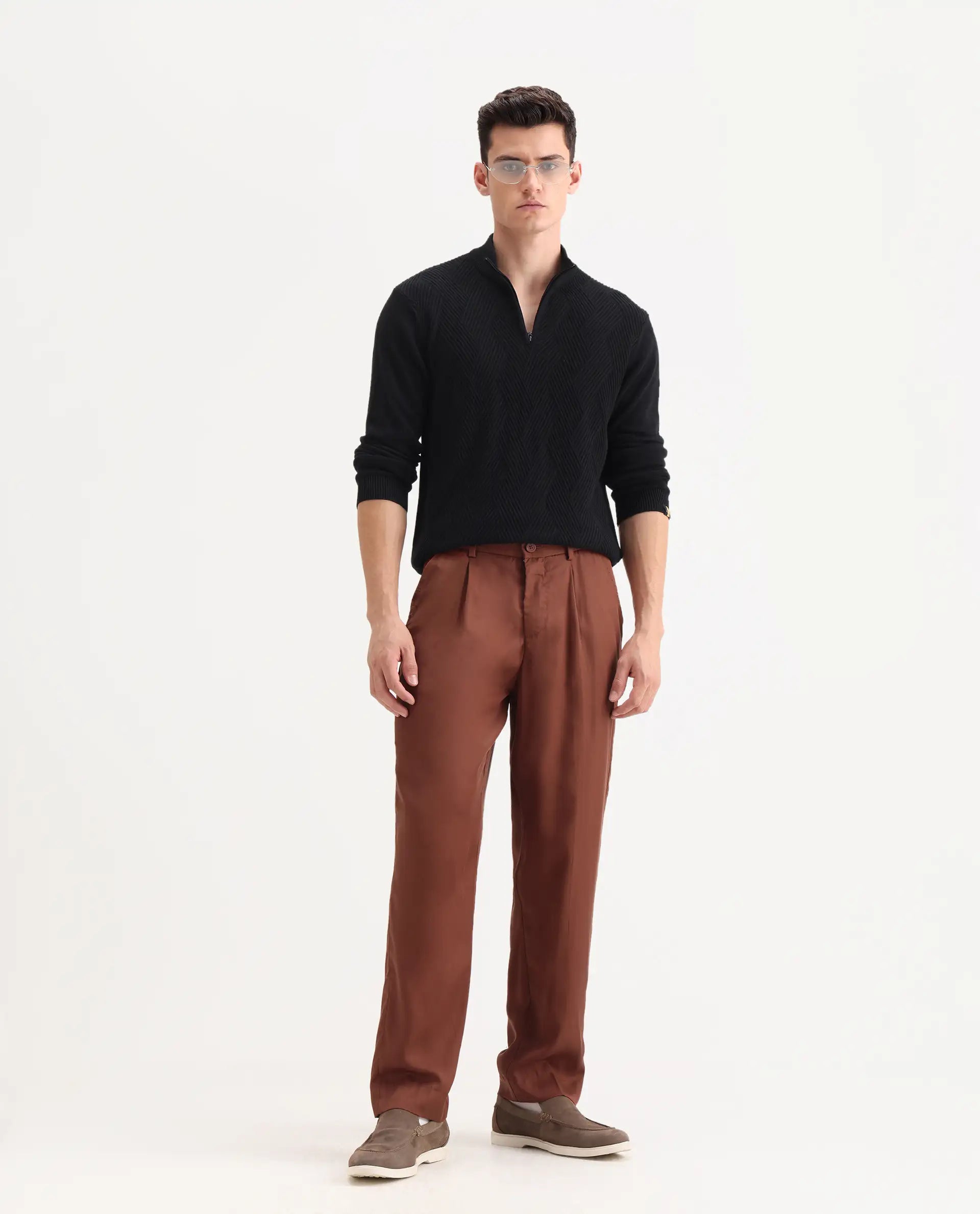 Rare Rabbit Men's Memos Rust Tencel Plain Regular Fit Trouser