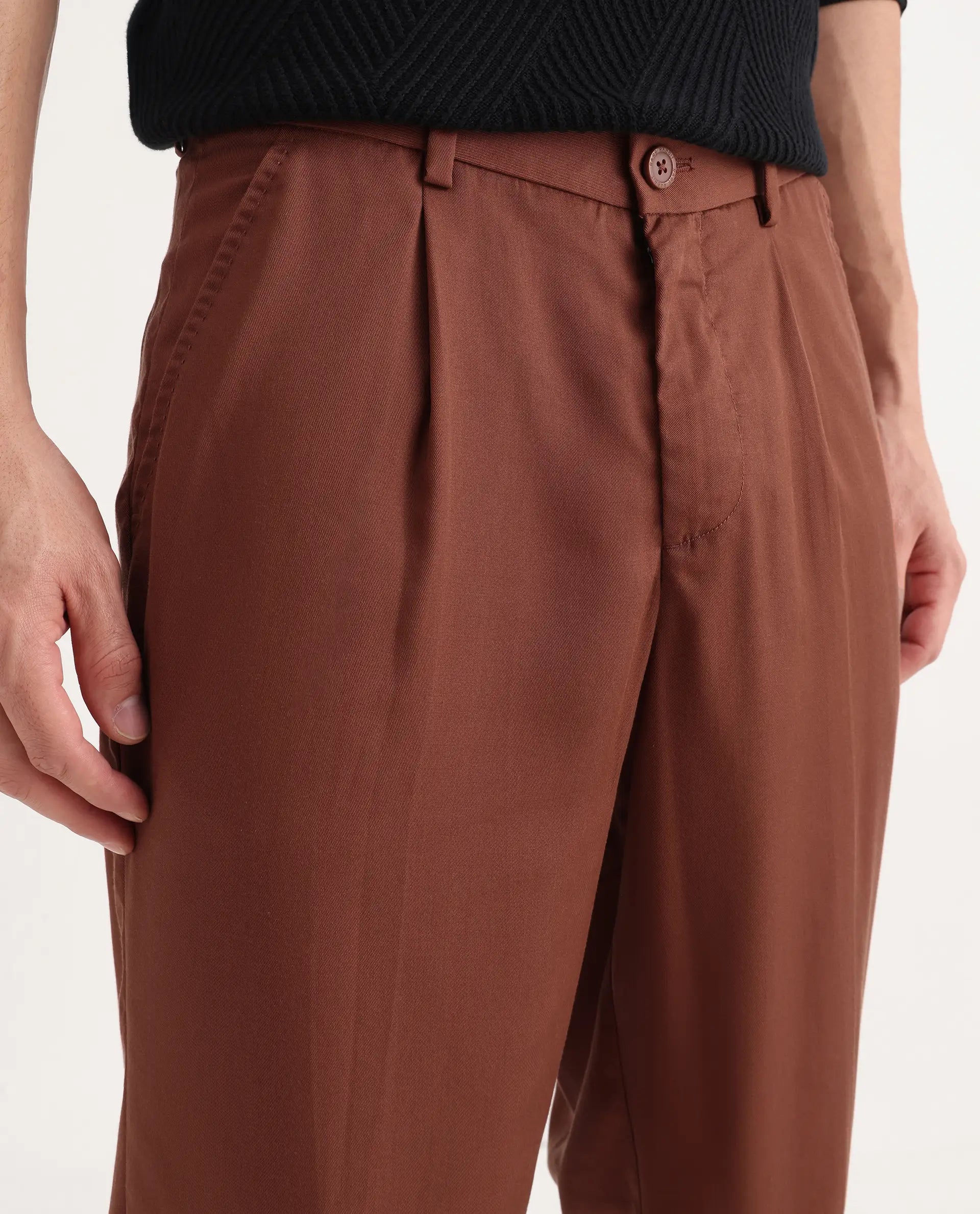 Rare Rabbit Men's Memos Rust Tencel Plain Regular Fit Trouser