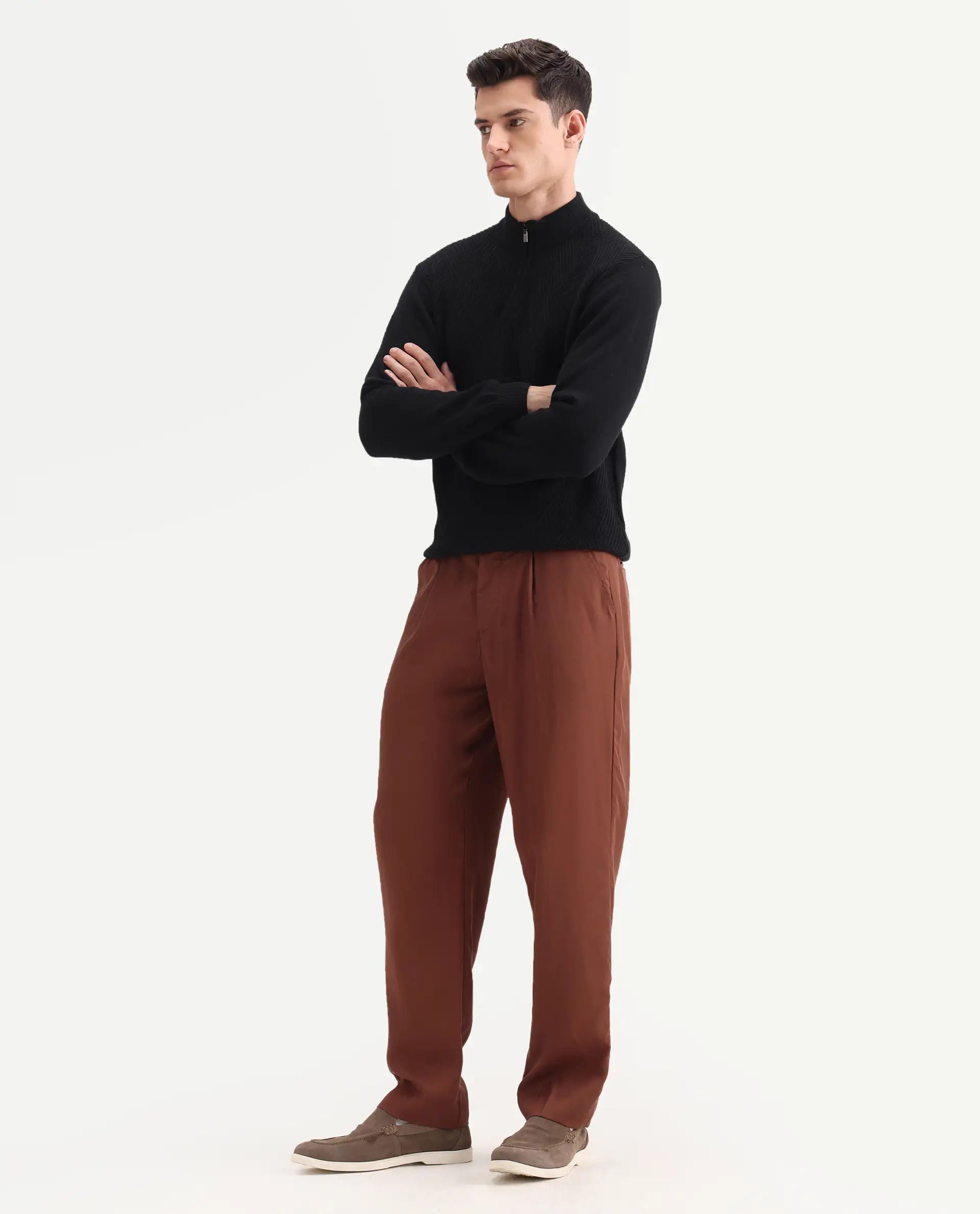 Rare Rabbit Men's Memos Rust Tencel Plain Regular Fit Trouser