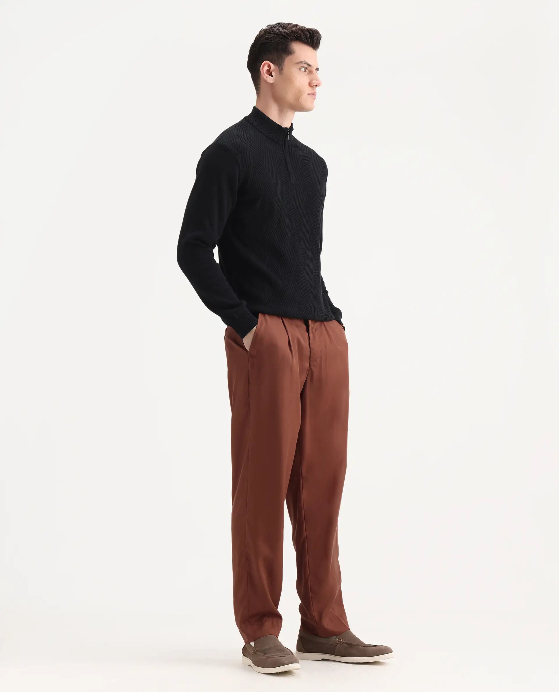 Rare Rabbit Men's Memos Rust Tencel Plain Regular Fit Trouser