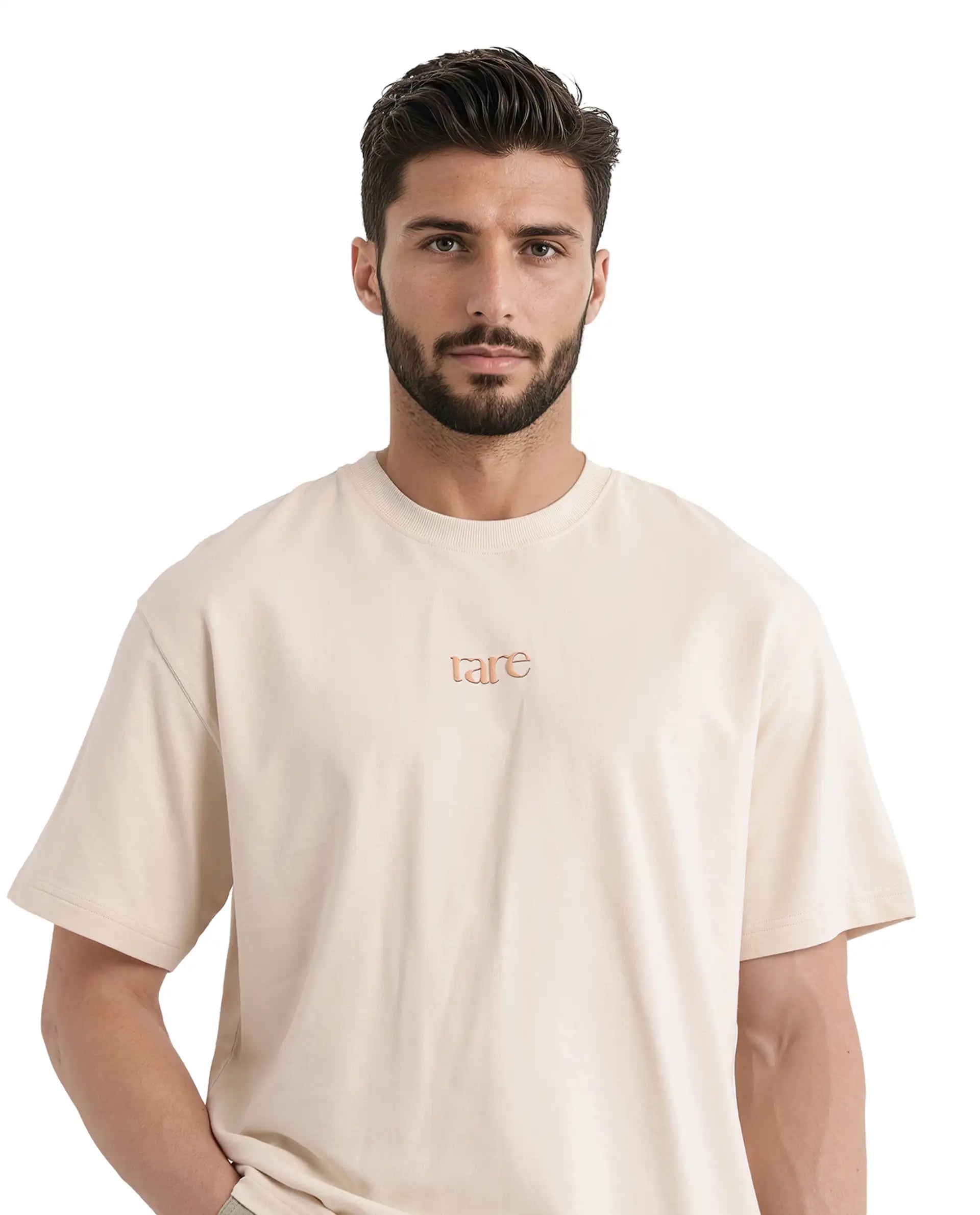 Rare Rabbit Men Mend Beige Cotton Fabric Short Sleeve Crew Neck Oversized Fit Graphic Backprint T-Shirt