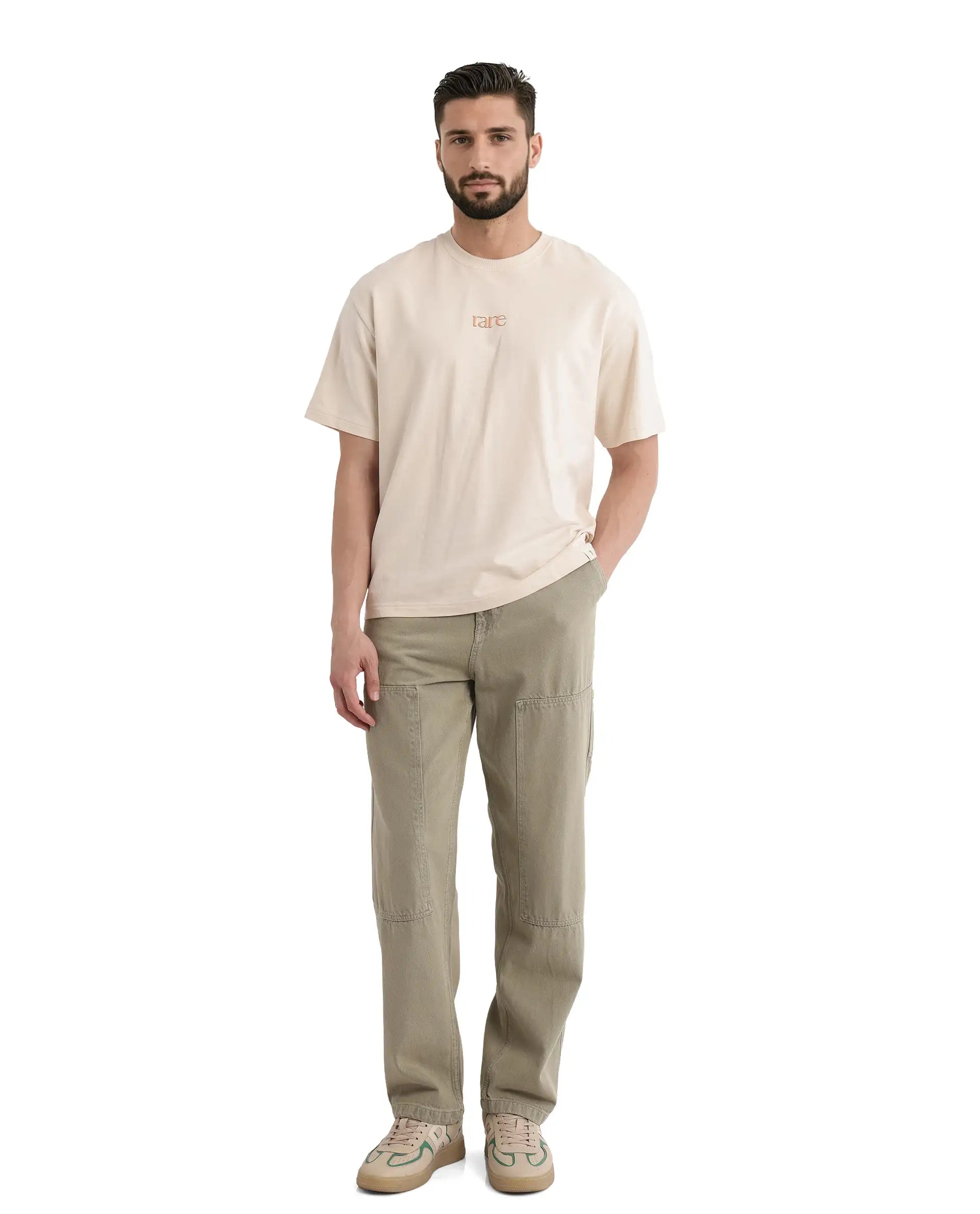 Rare Rabbit Men Mend Beige Cotton Fabric Short Sleeve Crew Neck Oversized Fit Graphic Backprint T-Shirt