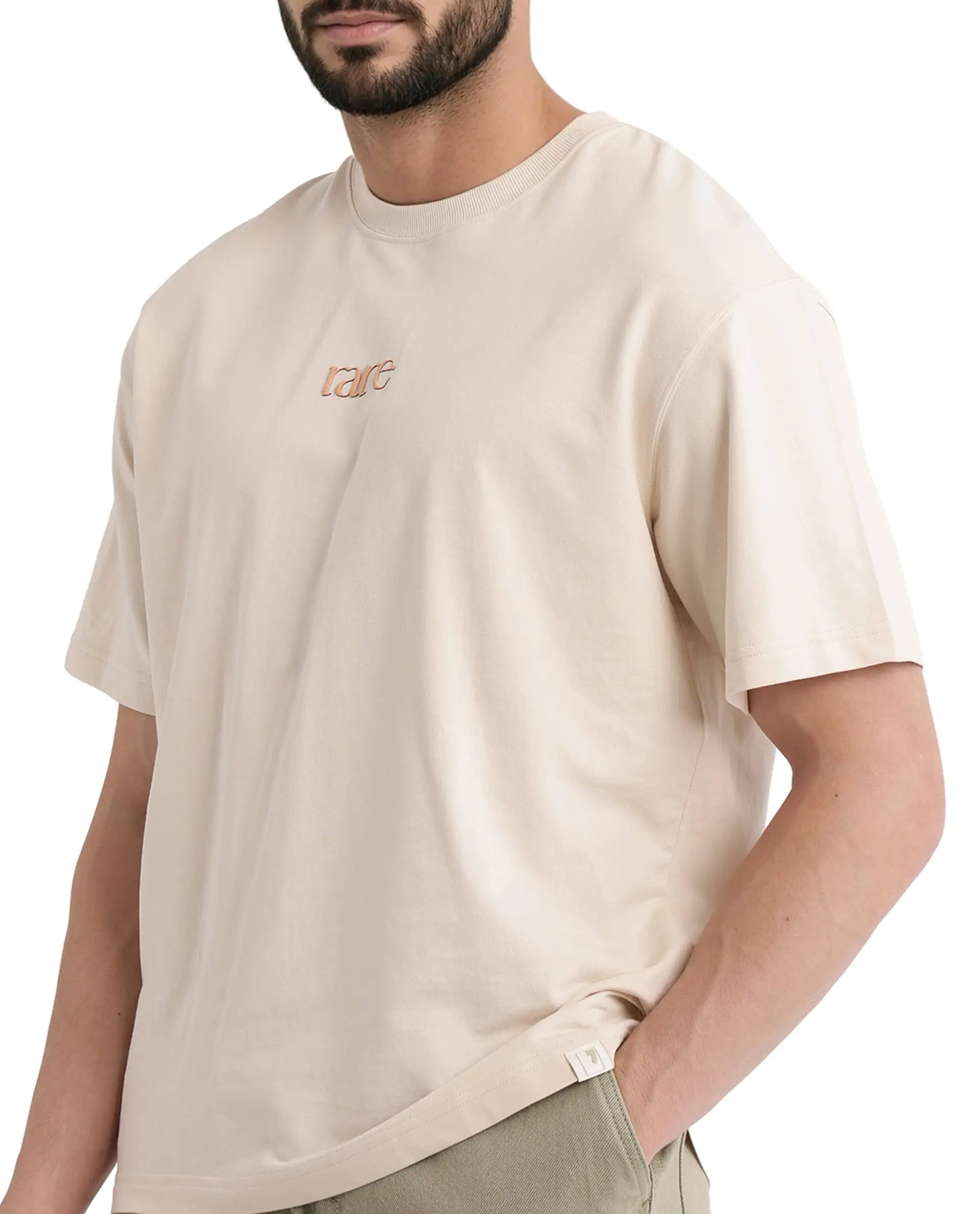Rare Rabbit Men Mend Beige Cotton Fabric Short Sleeve Crew Neck Oversized Fit Graphic Backprint T-Shirt