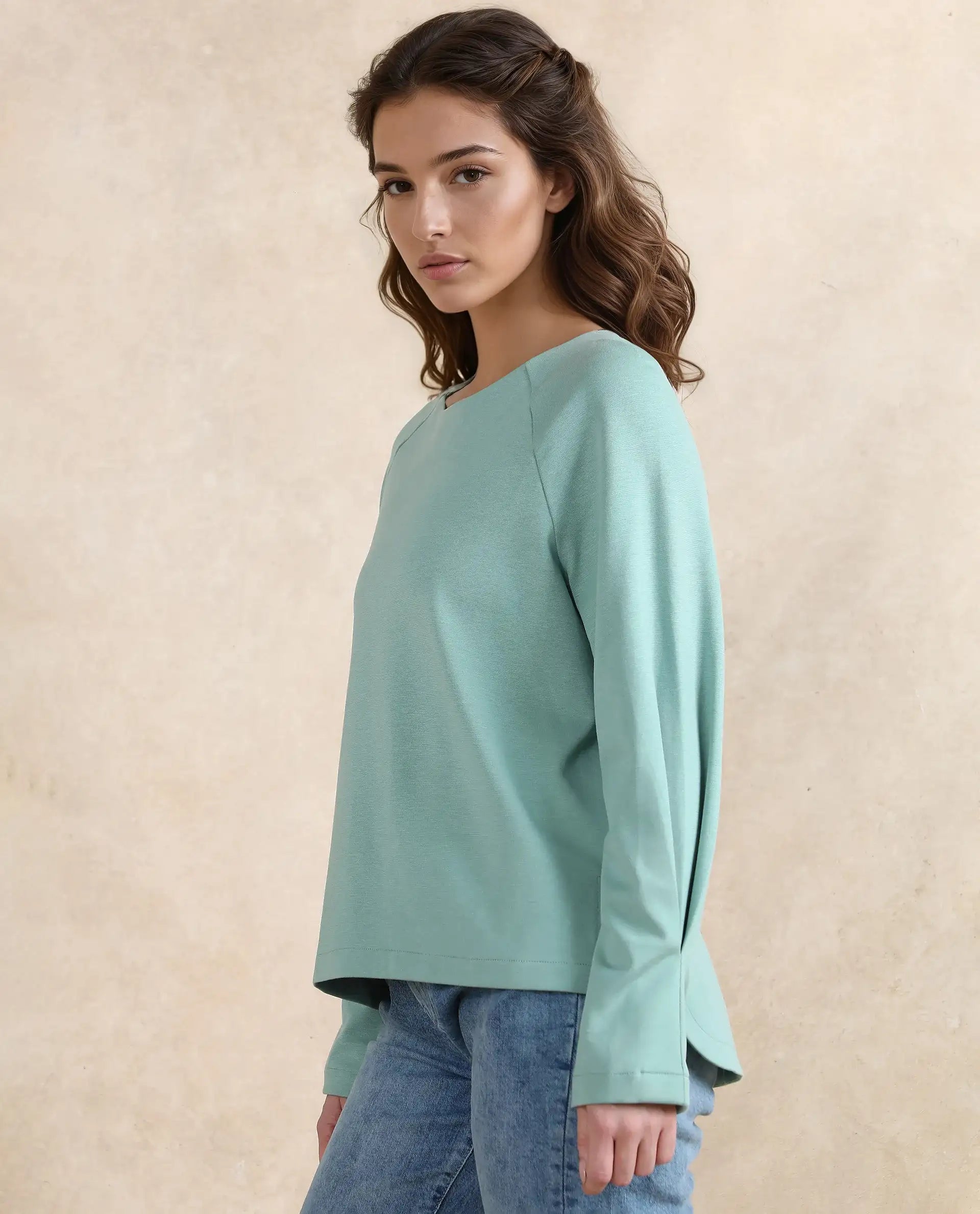 Rareism Women Mento Dusky Green Cotton Viscose Fabric Full Sleeve Round Neck Relaxed Fit Plain Sweatshirt