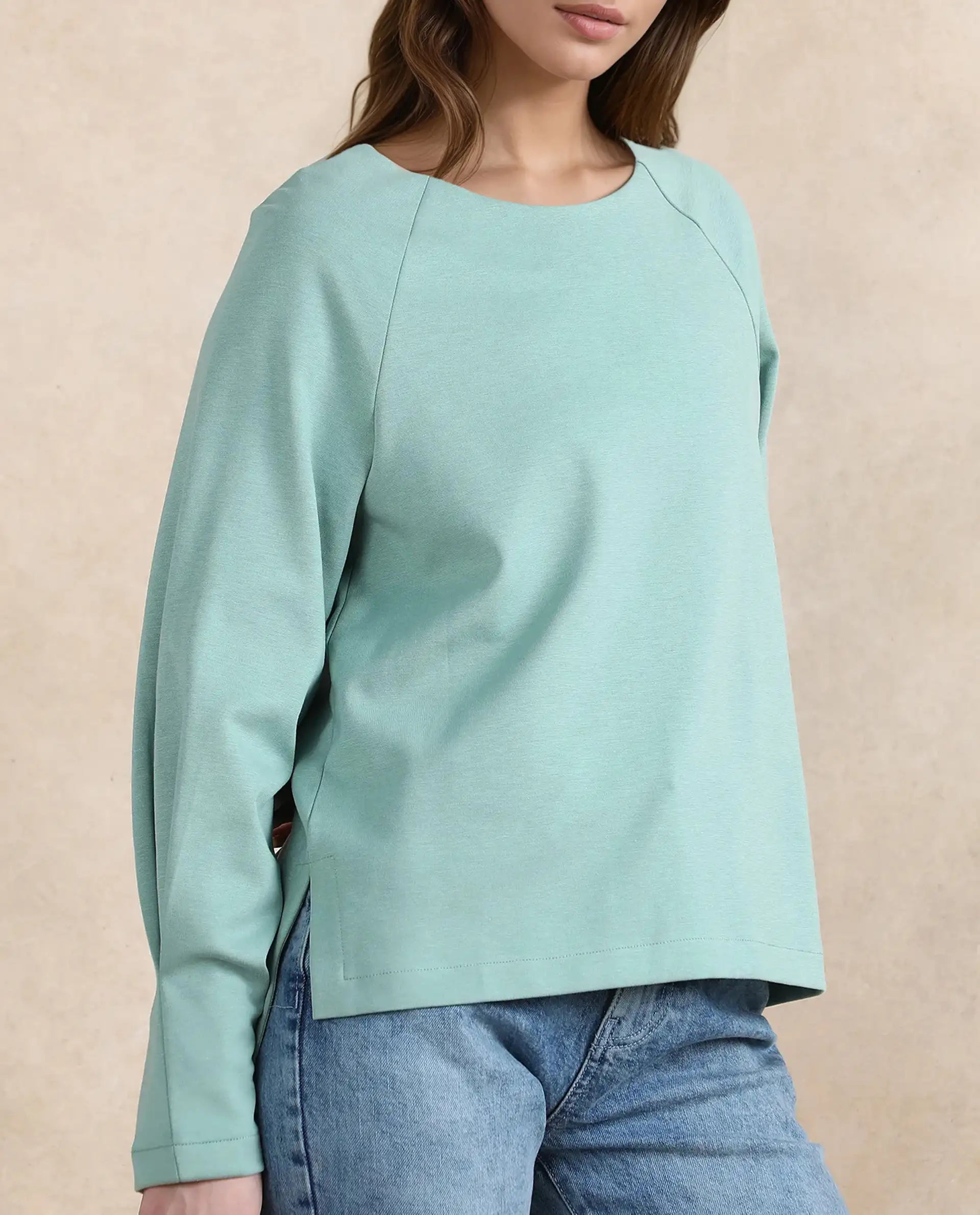 Rareism Women Mento Dusky Green Cotton Viscose Fabric Full Sleeve Round Neck Relaxed Fit Plain Sweatshirt