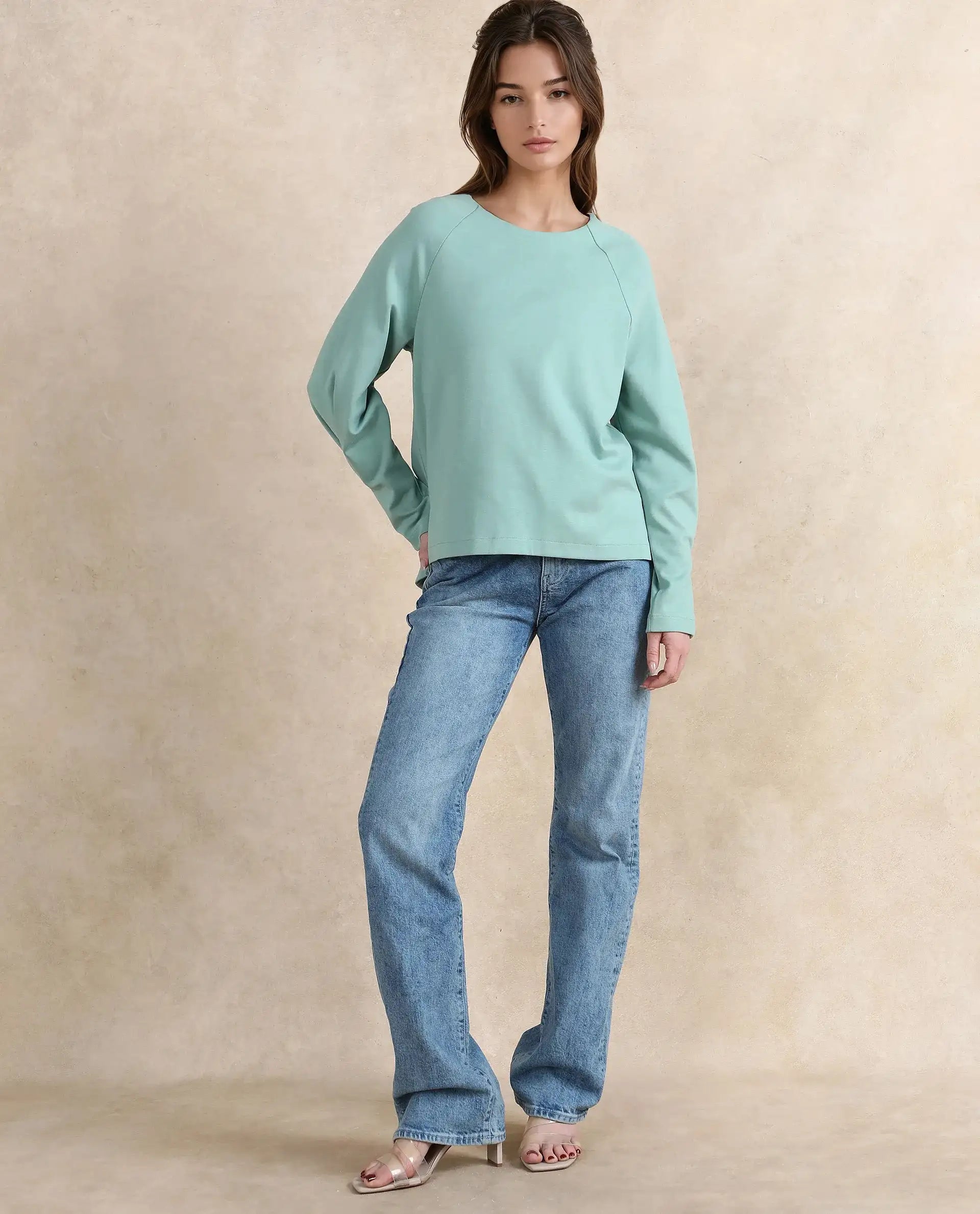 Rareism Women Mento Dusky Green Cotton Viscose Fabric Full Sleeve Round Neck Relaxed Fit Plain Sweatshirt