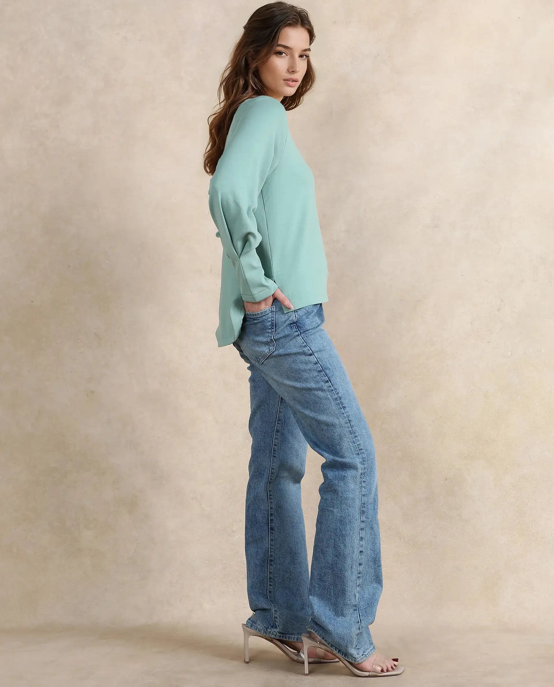 Rareism Women Mento Dusky Green Cotton Viscose Fabric Full Sleeve Round Neck Relaxed Fit Plain Sweatshirt