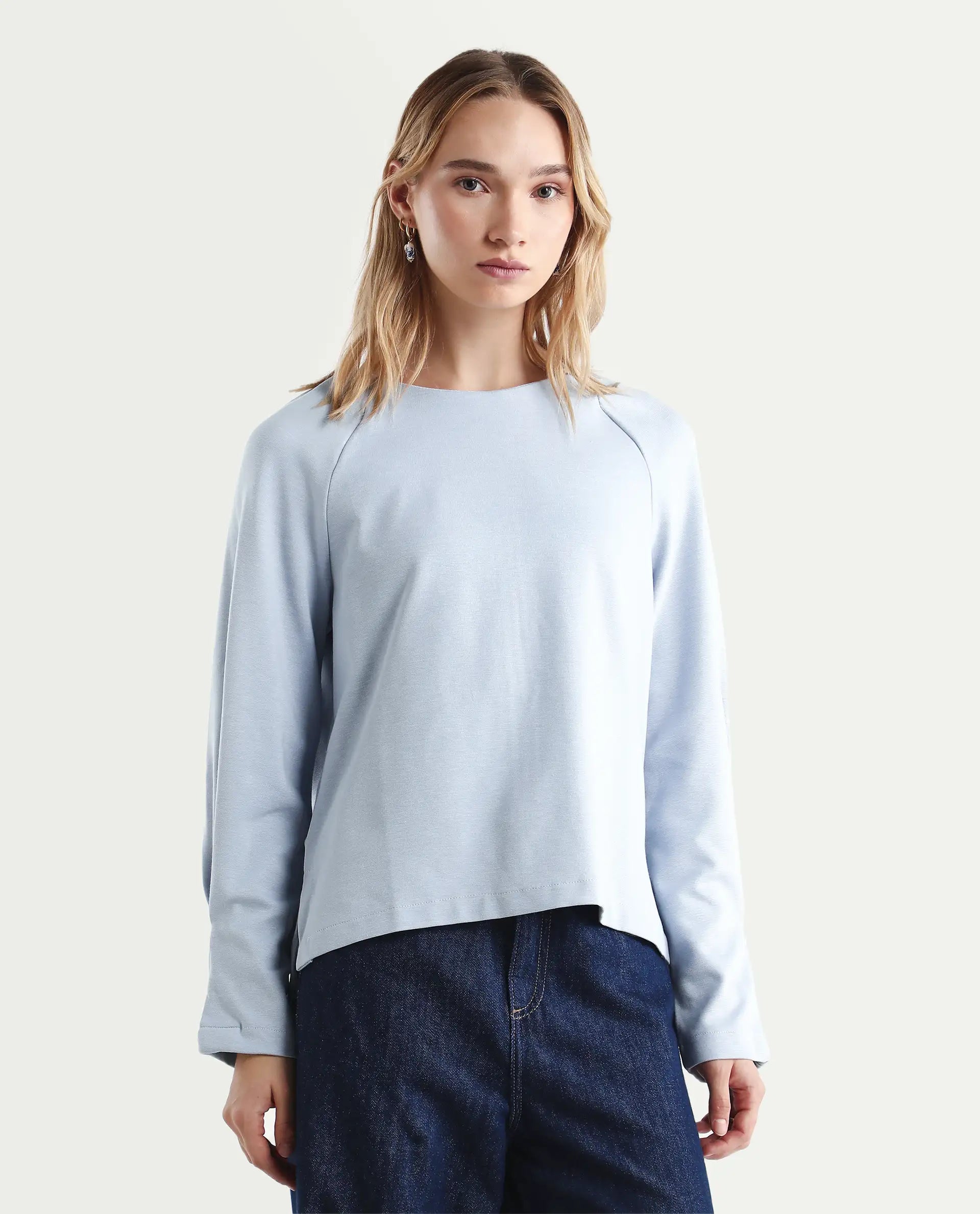 Rareism Women's Men'sto Light Blue Cotton Blend Crew Neck Plain Relaxed Fit Sweatshirt