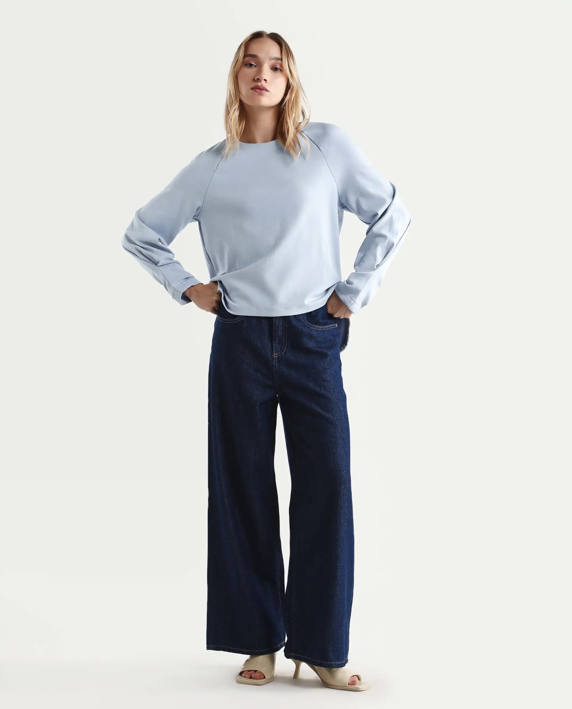 Rareism Women's Men'sto Light Blue Cotton Blend Crew Neck Plain Relaxed Fit Sweatshirt