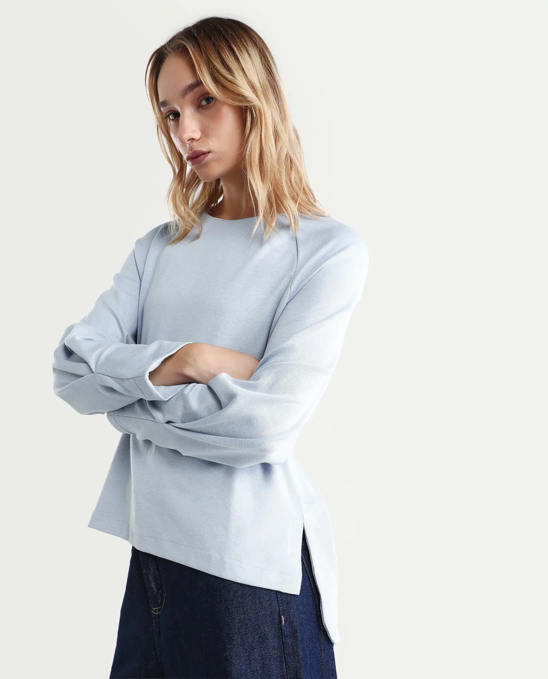 Rareism Women's Men'sto Light Blue Cotton Blend Crew Neck Plain Relaxed Fit Sweatshirt