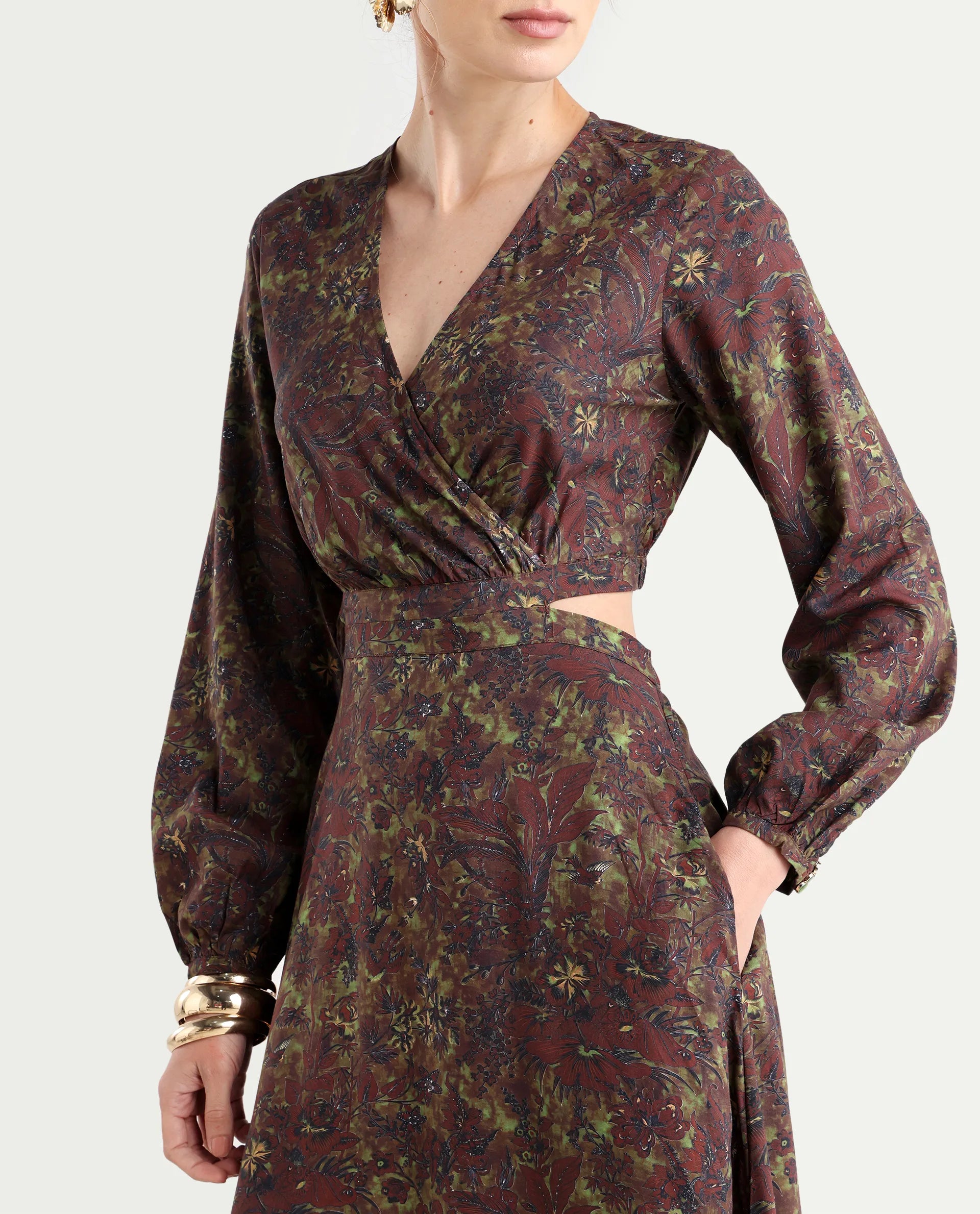 Rareism Women's Meppo Multi Viscose Overlap Neck Floral Print Bishop Sleeve Maxi Fit And Flare Dress