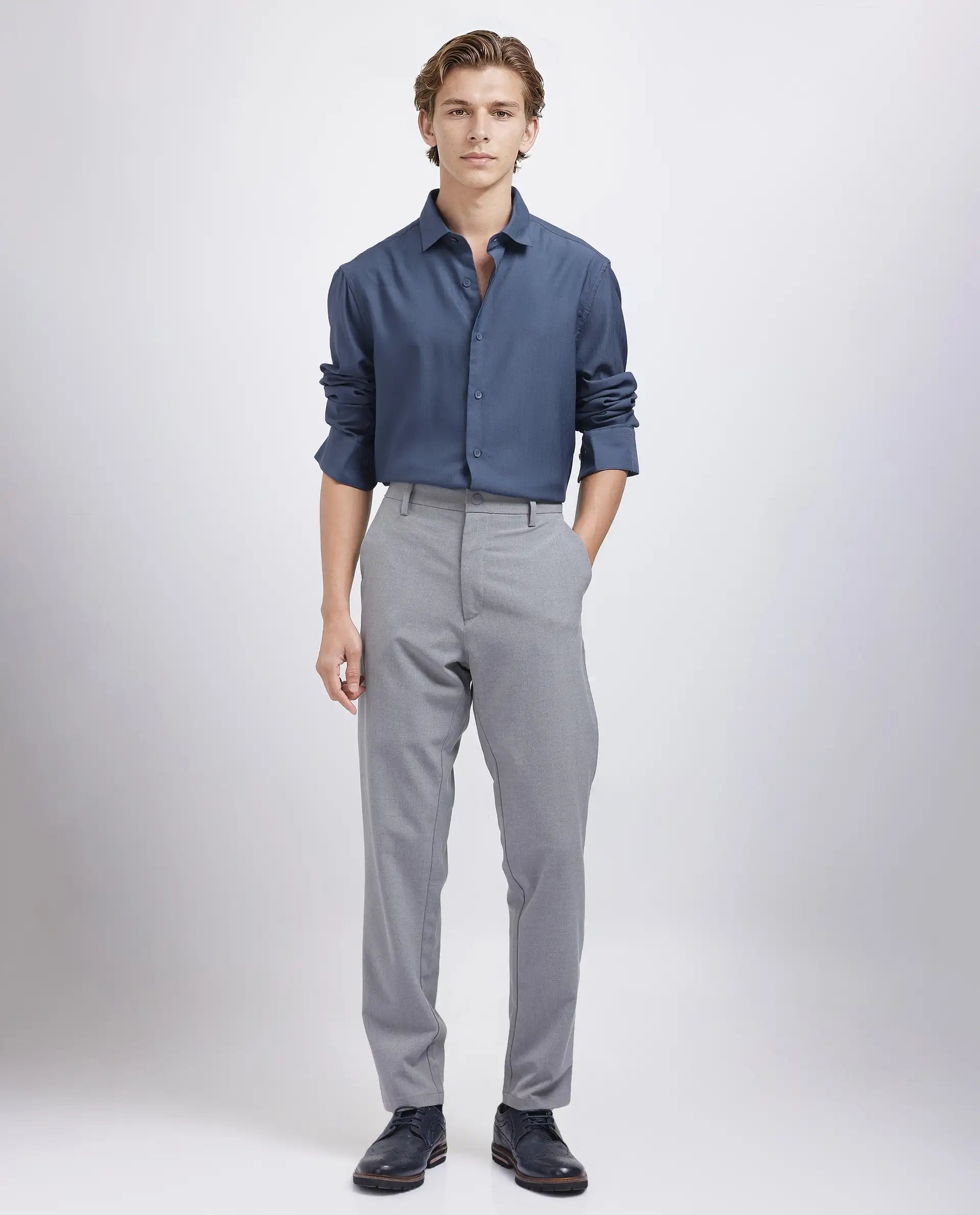 Rare Rabbit Men Mer-25 Dusky Blue Viscose Poly Fabric Full Sleeve Collared Neck Regular Fit Woven Design Shirt