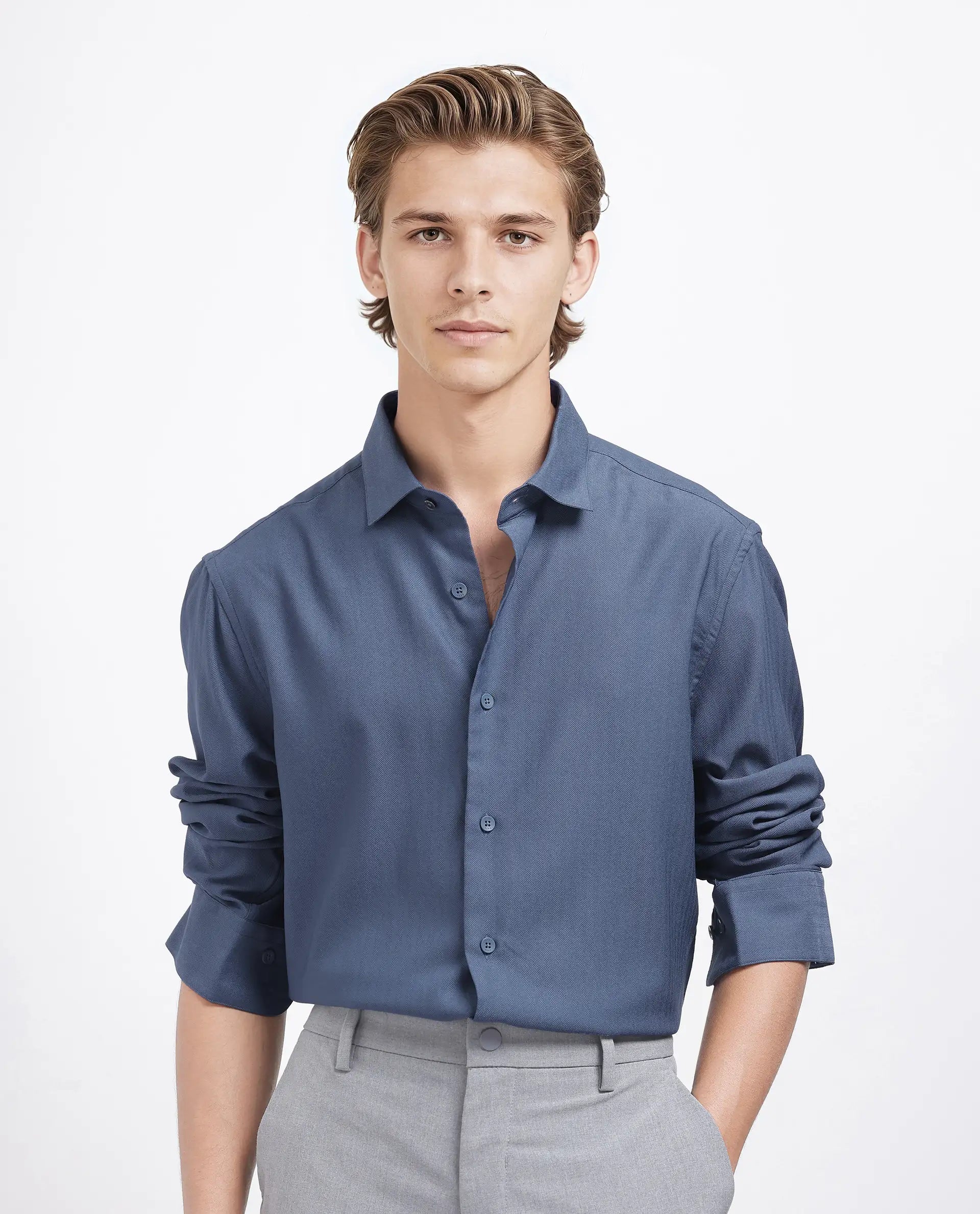 Rare Rabbit Men Mer-25 Dusky Blue Viscose Poly Fabric Full Sleeve Collared Neck Regular Fit Woven Design Shirt