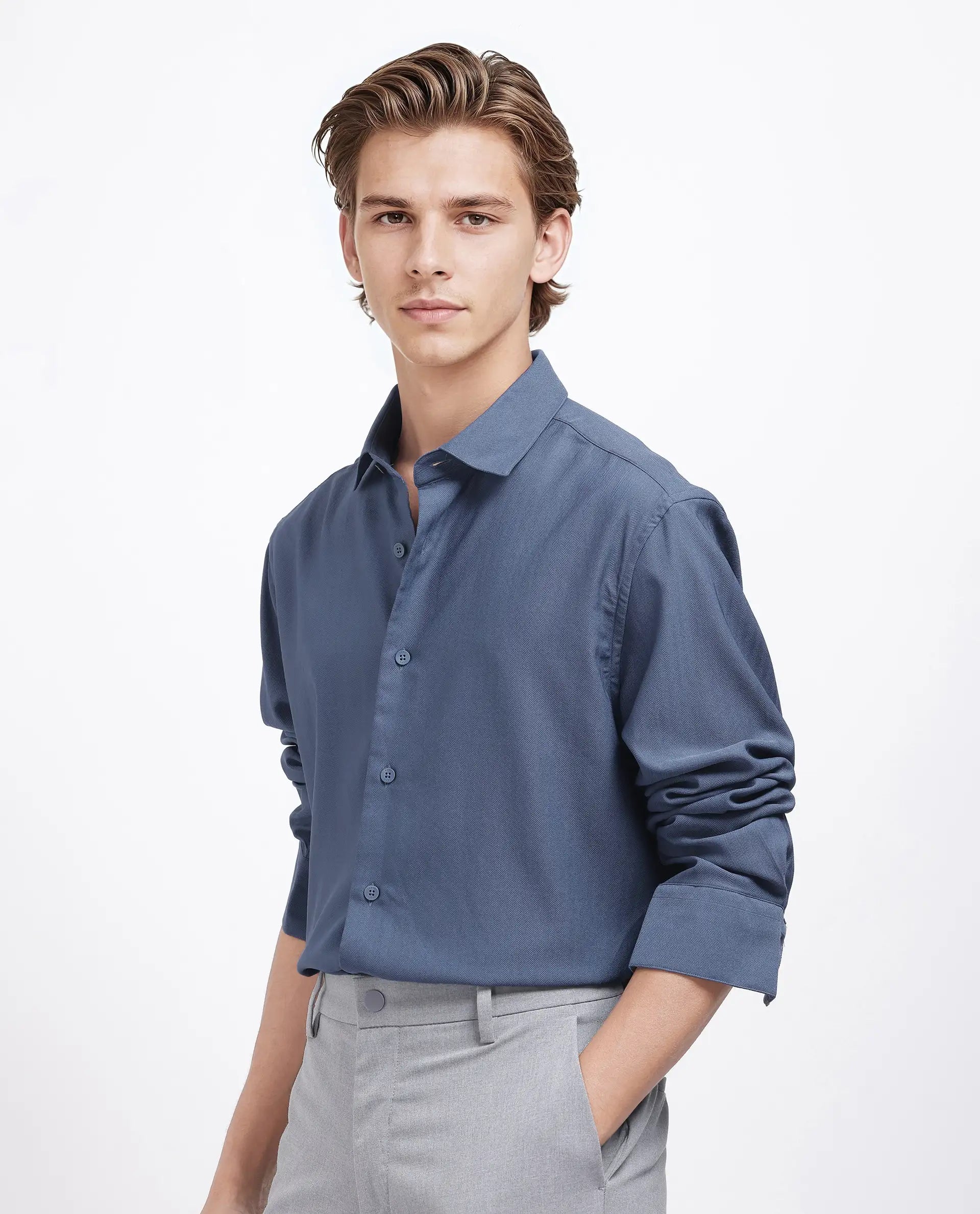 Rare Rabbit Men Mer-25 Dusky Blue Viscose Poly Fabric Full Sleeve Collared Neck Regular Fit Woven Design Shirt