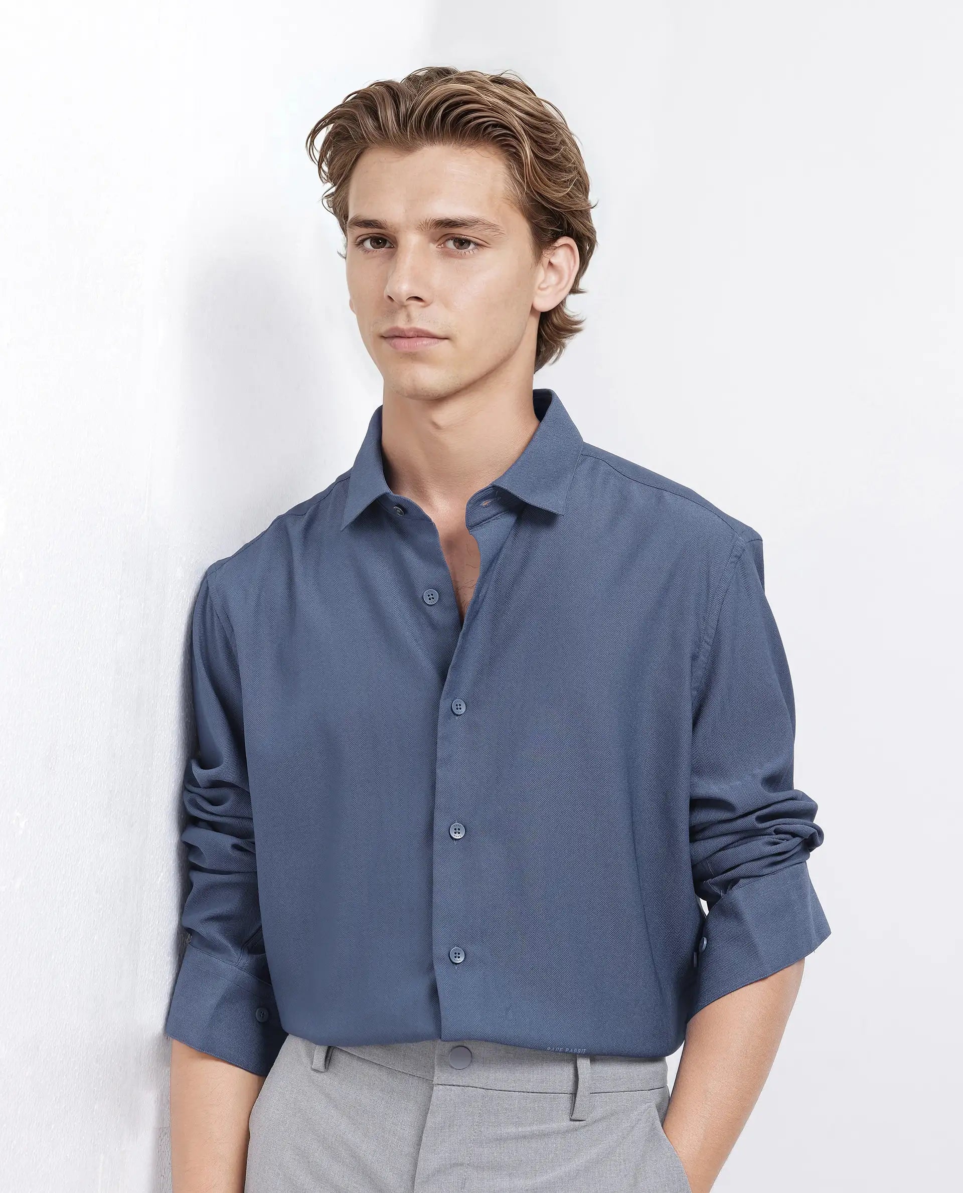 Rare Rabbit Men Mer-25 Dusky Blue Viscose Poly Fabric Full Sleeve Collared Neck Regular Fit Woven Design Shirt