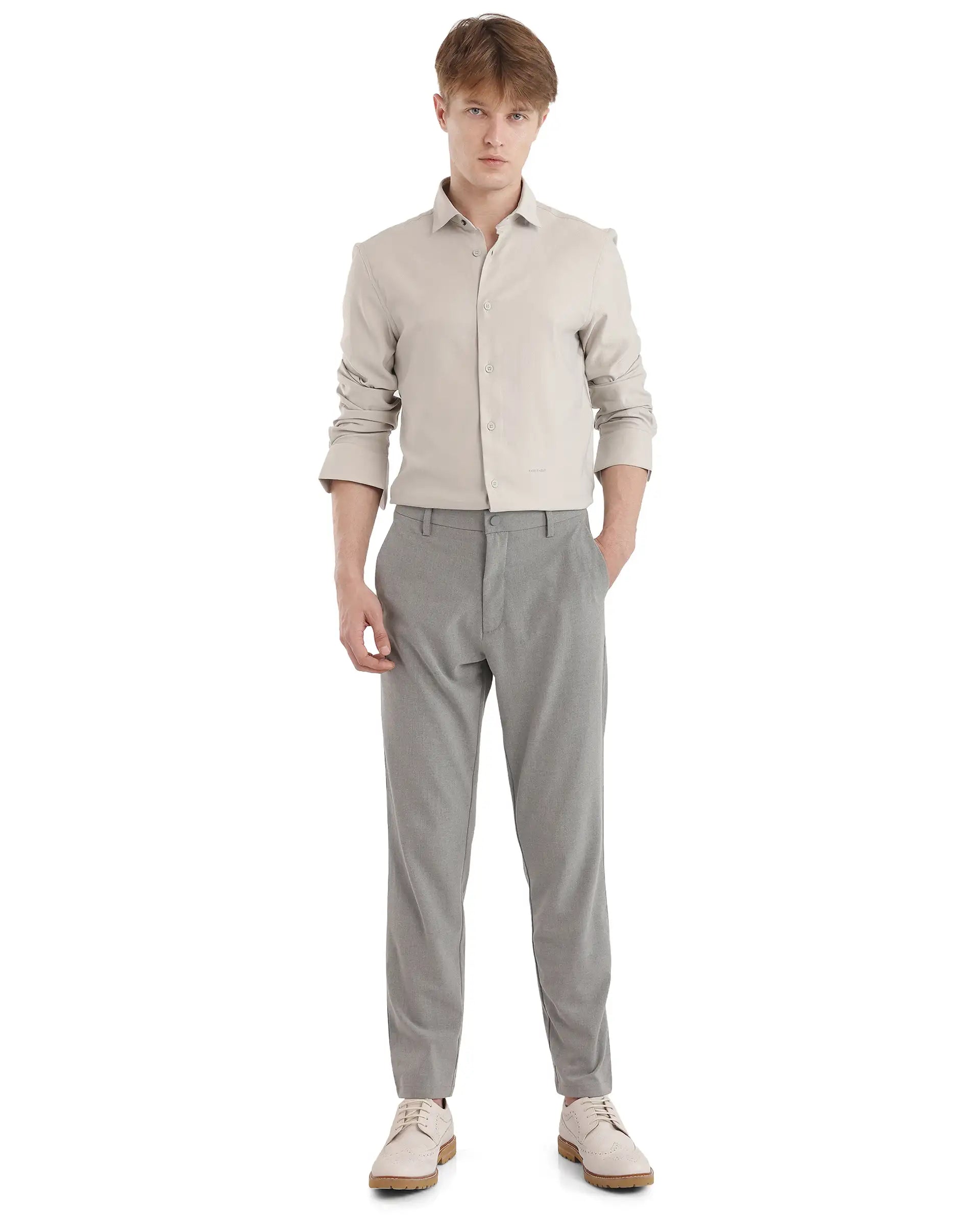 Rare Rabbit Men Mer-25 Light Grey Viscose Poly Fabric Full Sleeve Collared Neck Regular Fit Woven Design Shirt