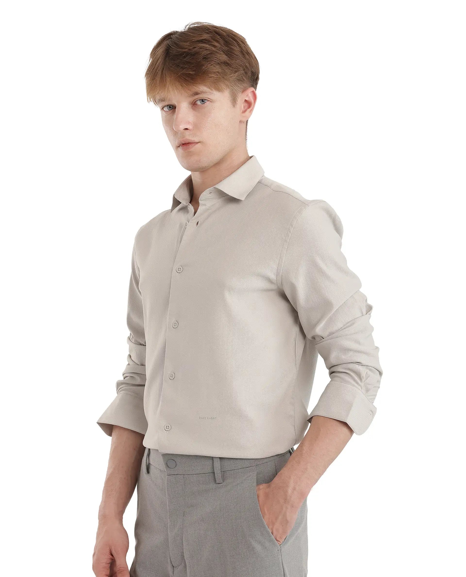 Rare Rabbit Men Mer-25 Light Grey Viscose Poly Fabric Full Sleeve Collared Neck Regular Fit Woven Design Shirt