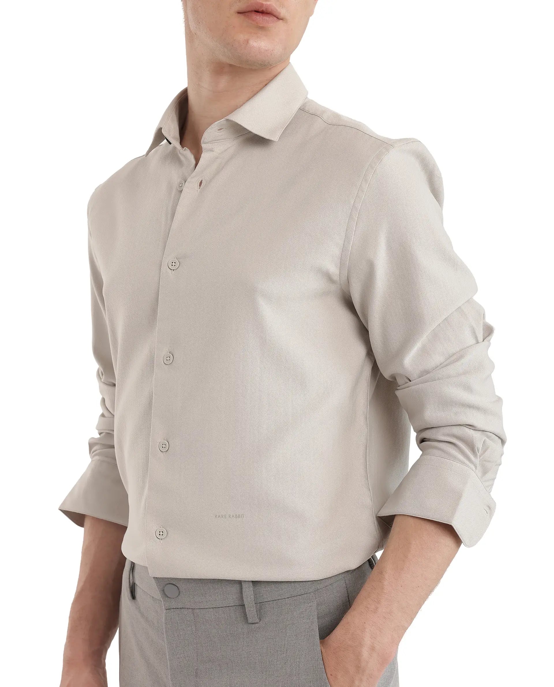 Rare Rabbit Men Mer-25 Light Grey Viscose Poly Fabric Full Sleeve Collared Neck Regular Fit Woven Design Shirt