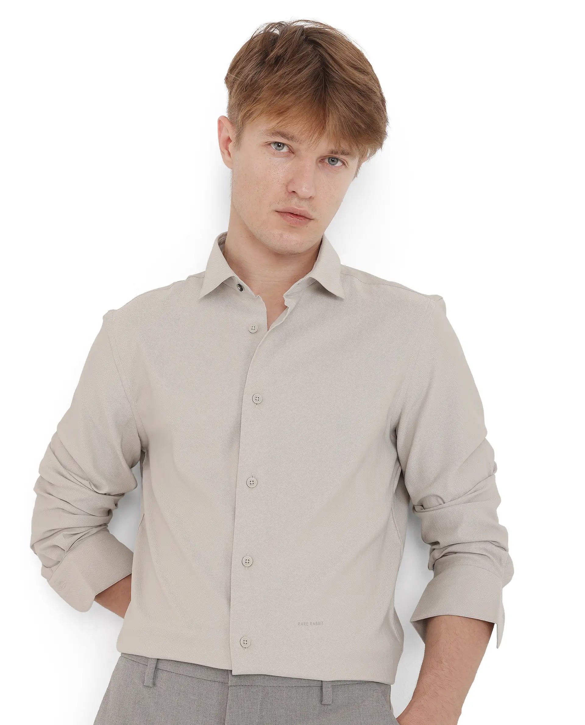 Rare Rabbit Men Mer-25 Light Grey Viscose Poly Fabric Full Sleeve Collared Neck Regular Fit Woven Design Shirt