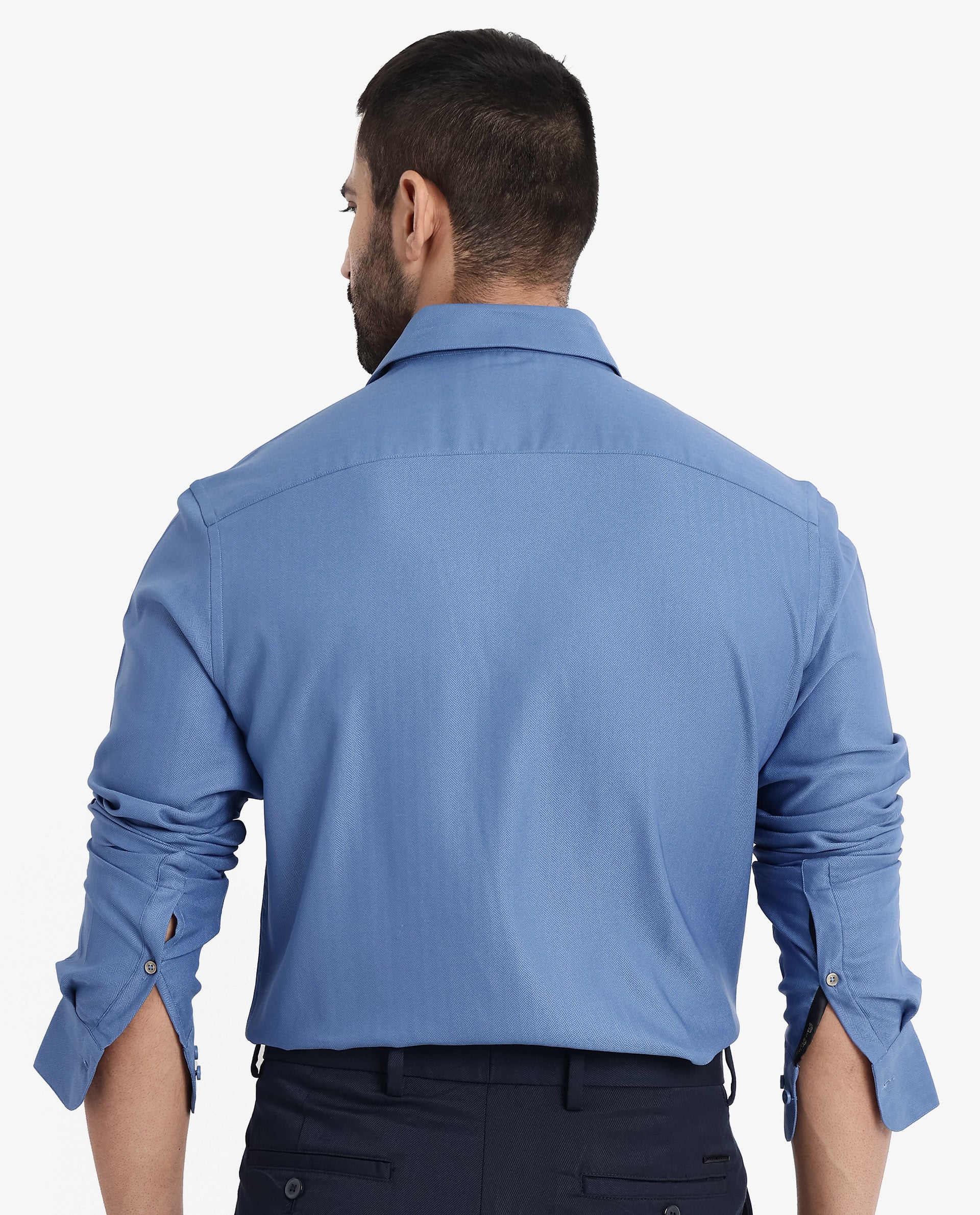 Rare Rabbit Men Mer Blue Viscose Polyester Lycra Fabric Full Sleeve Button Closure Regular Fit Herringbone Textured Shirt