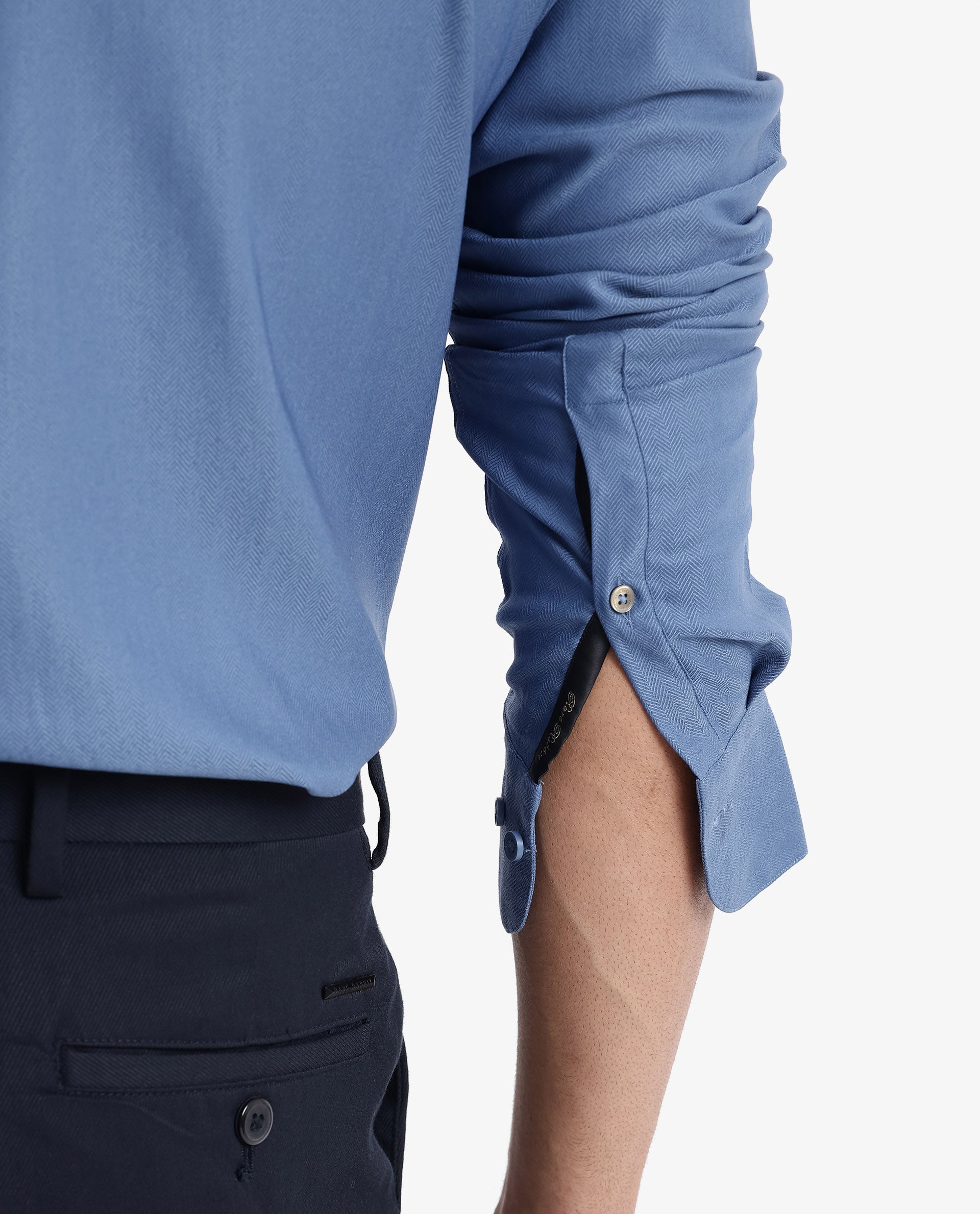 Rare Rabbit Men Mer Blue Viscose Polyester Lycra Fabric Full Sleeve Button Closure Regular Fit Herringbone Textured Shirt