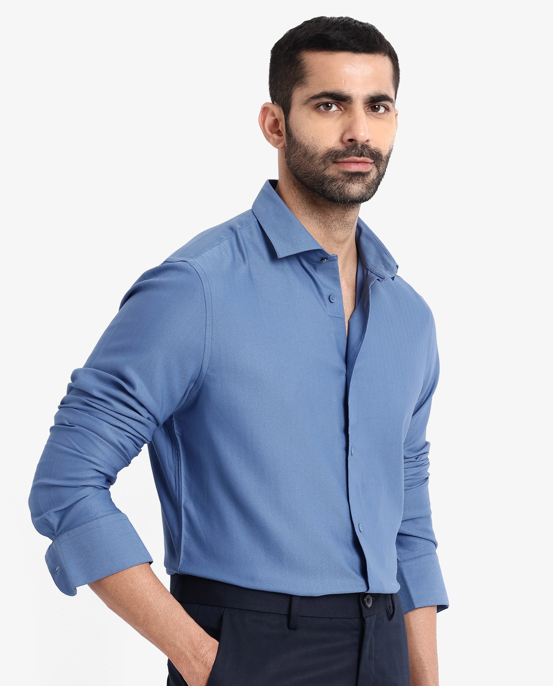 Rare Rabbit Men Mer Blue Viscose Polyester Lycra Fabric Full Sleeve Button Closure Regular Fit Herringbone Textured Shirt