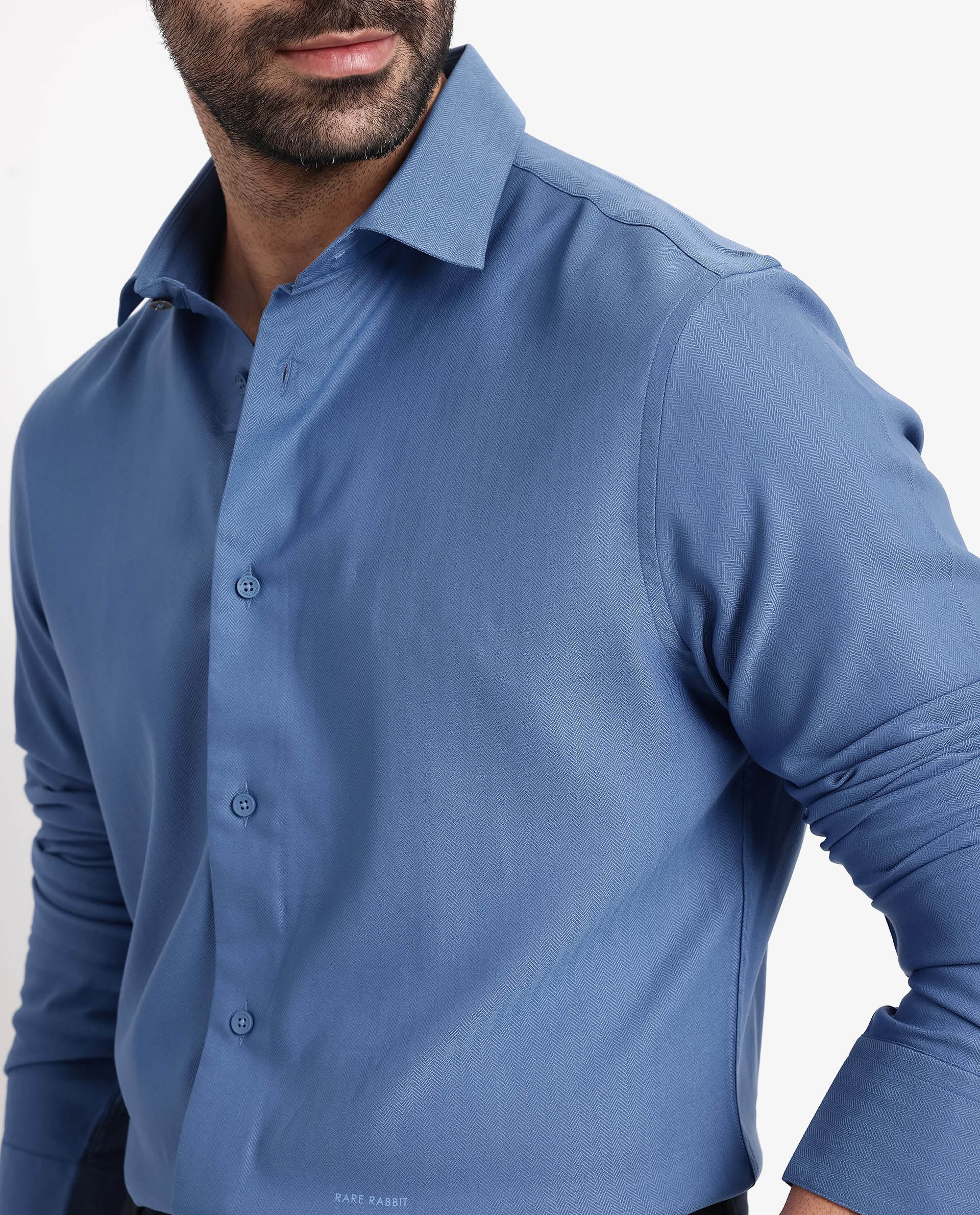 Rare Rabbit Men Mer Blue Viscose Polyester Lycra Fabric Full Sleeve Button Closure Regular Fit Herringbone Textured Shirt