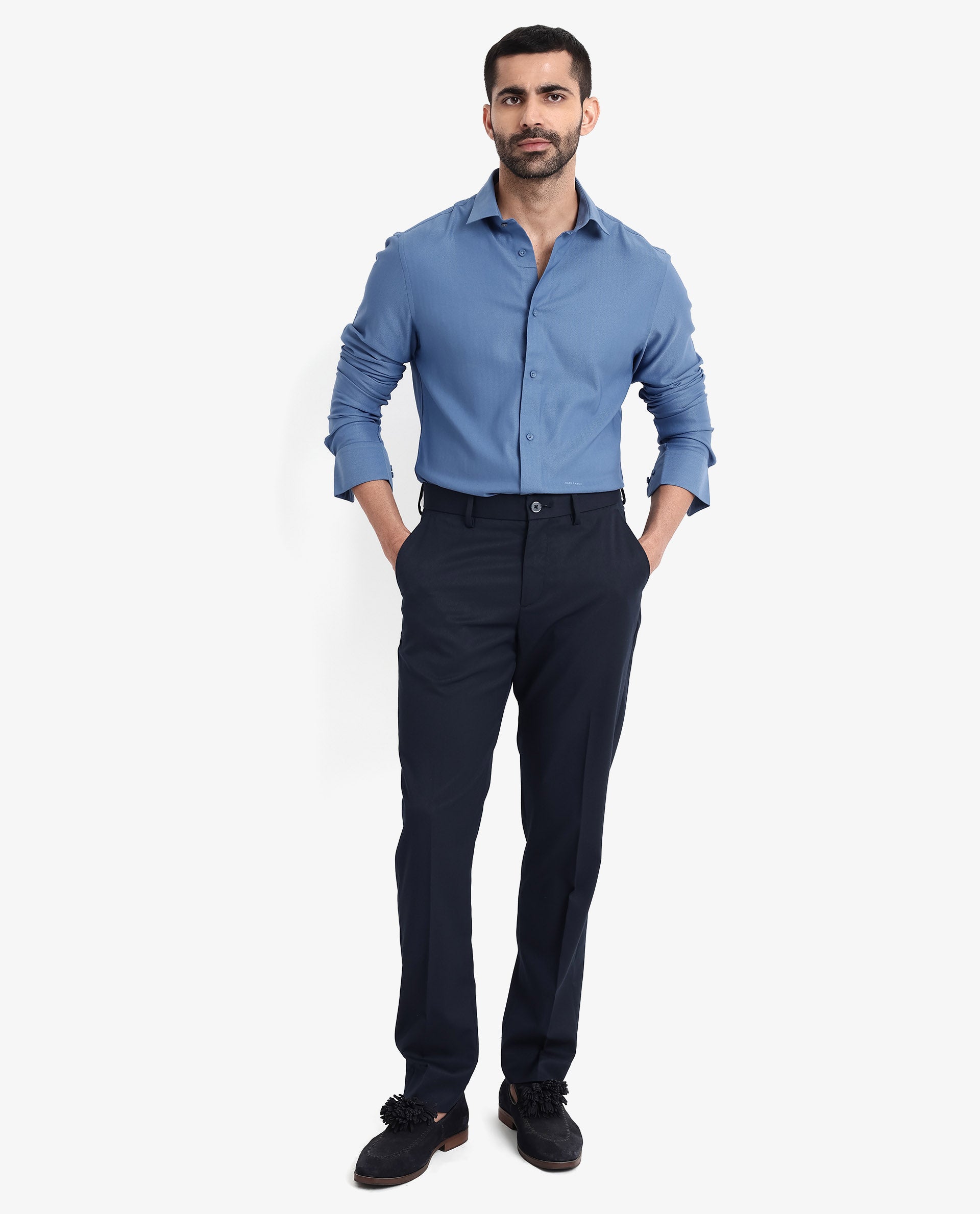 Rare Rabbit Men Mer Blue Viscose Polyester Lycra Fabric Full Sleeve Button Closure Regular Fit Herringbone Textured Shirt