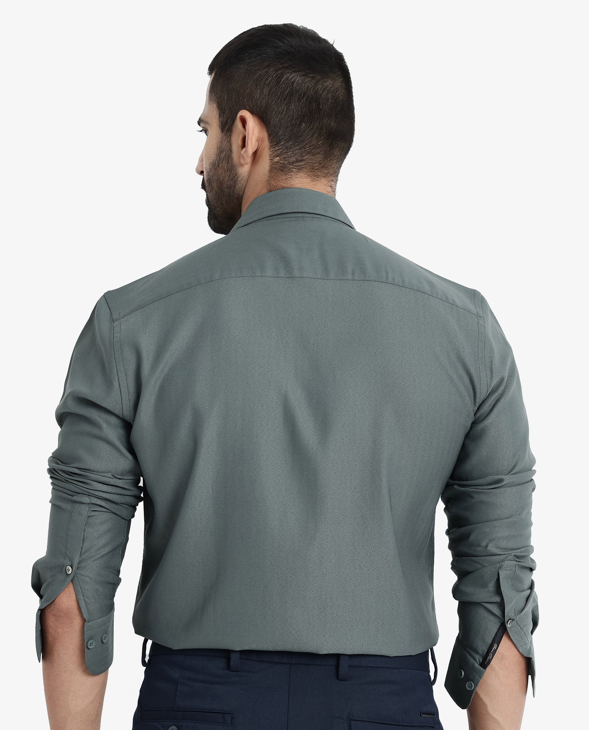 Rare Rabbit Men Mer Dusky Green Viscose Polyester Lycra Fabric Full Sleeve Button Closure Regular Fit Herringbone Textured Shirt