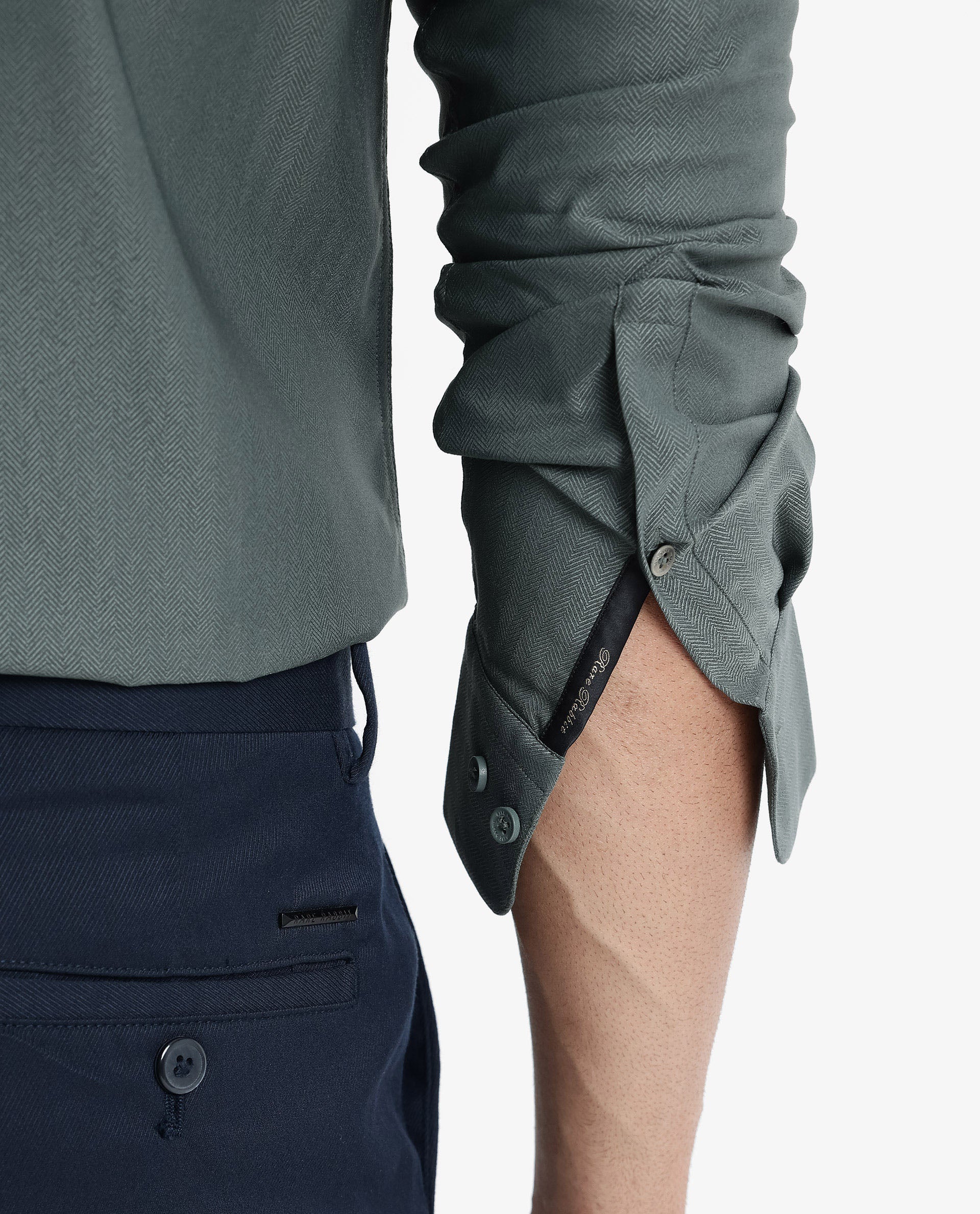 Rare Rabbit Men Mer Dusky Green Viscose Polyester Lycra Fabric Full Sleeve Button Closure Regular Fit Herringbone Textured Shirt